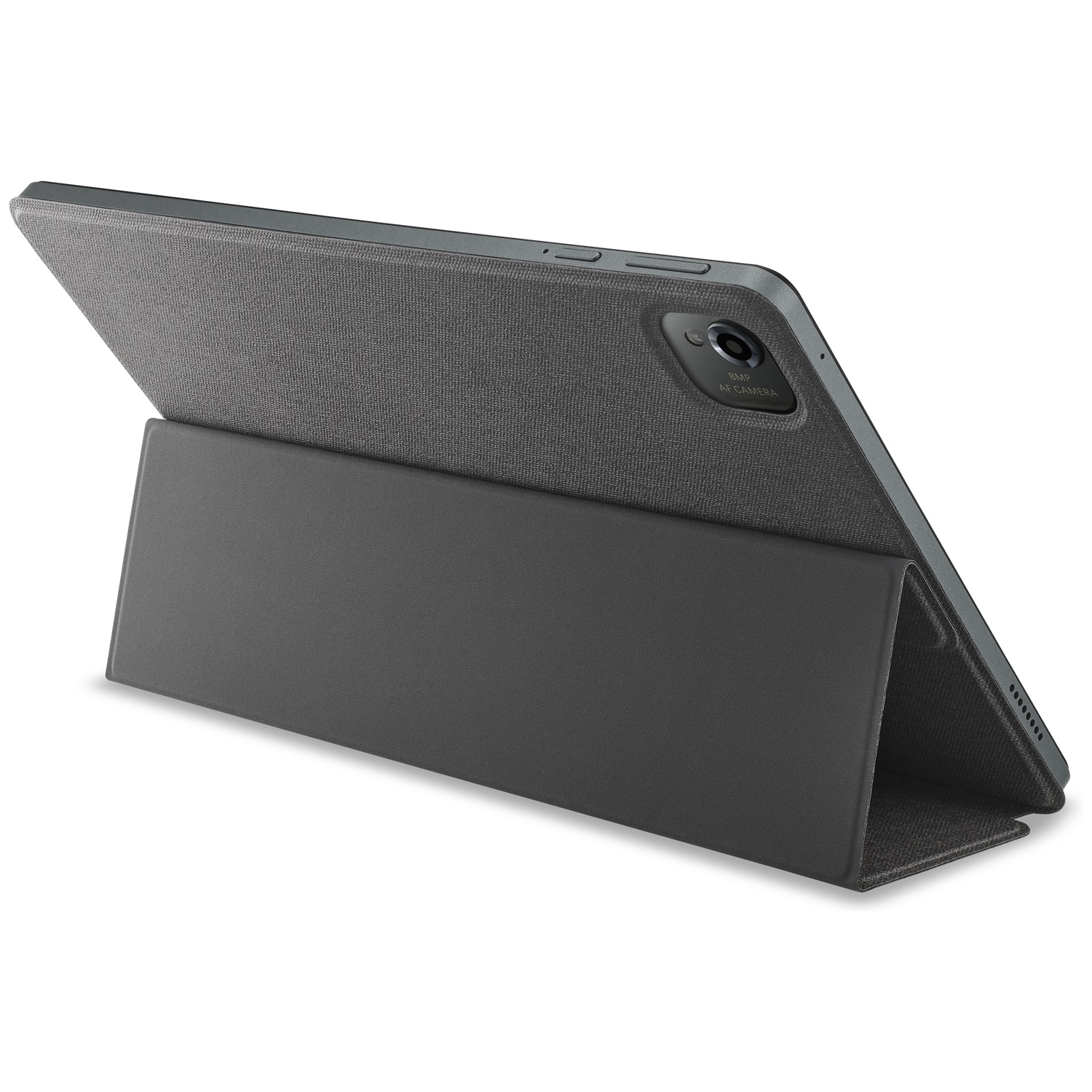 Een grijze tablet met bijpassende hoes wordt getoond. De tablet is opgezet, met de hoes opgevouwen om hem te ondersteunen. De achtergrond is wit.