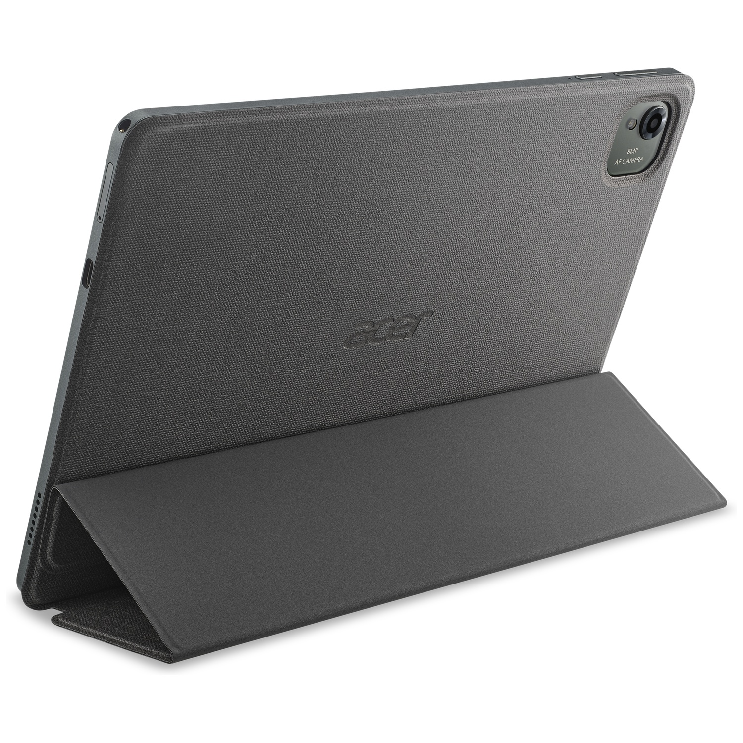 Acer tablet in een grijze hoes. De hoes is open en ondersteunt de tablet. De camera is rechtsboven zichtbaar.