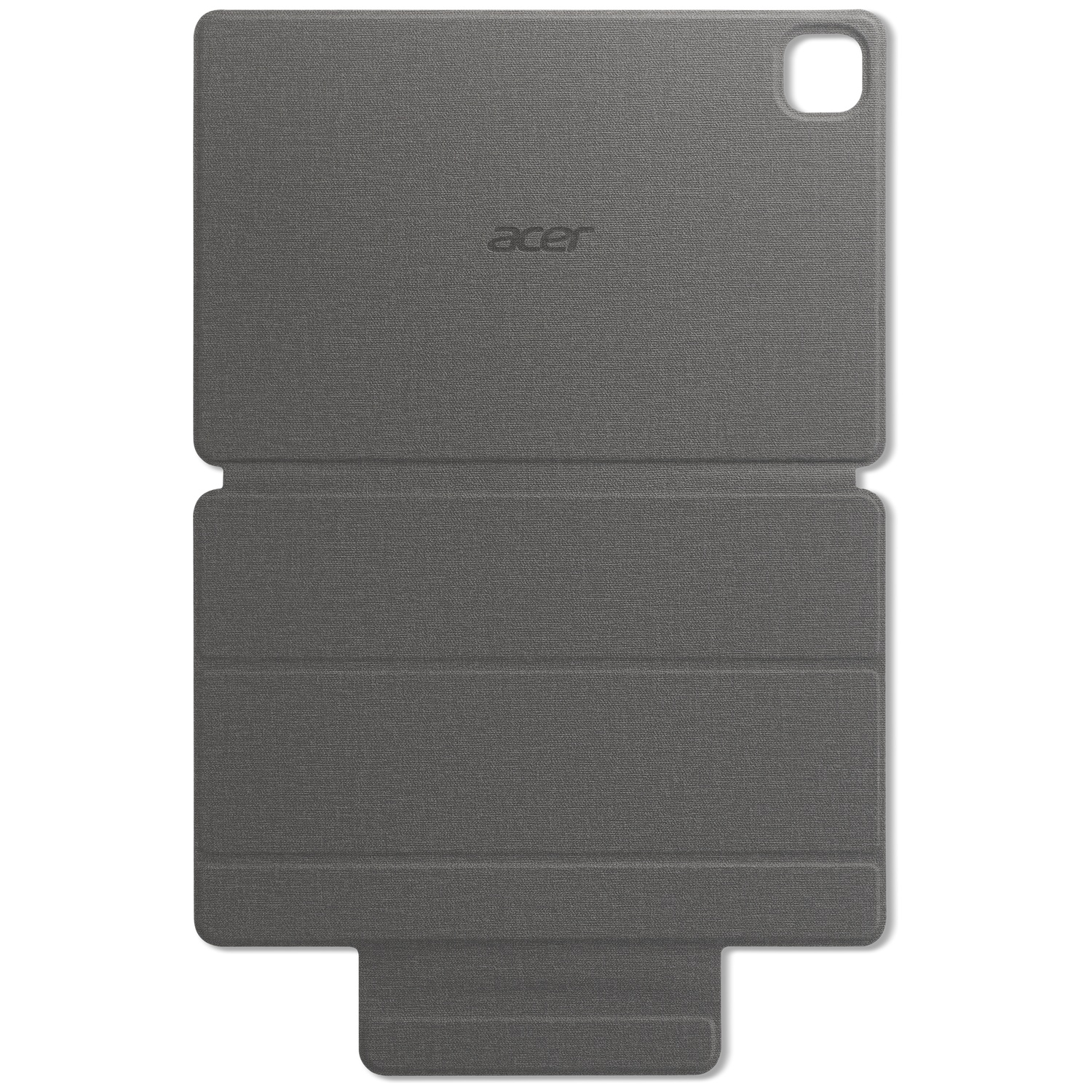Een grijze Acer tablethoes, open. De hoes heeft het Acer-logo. De hoes is gemaakt van een textielstof.