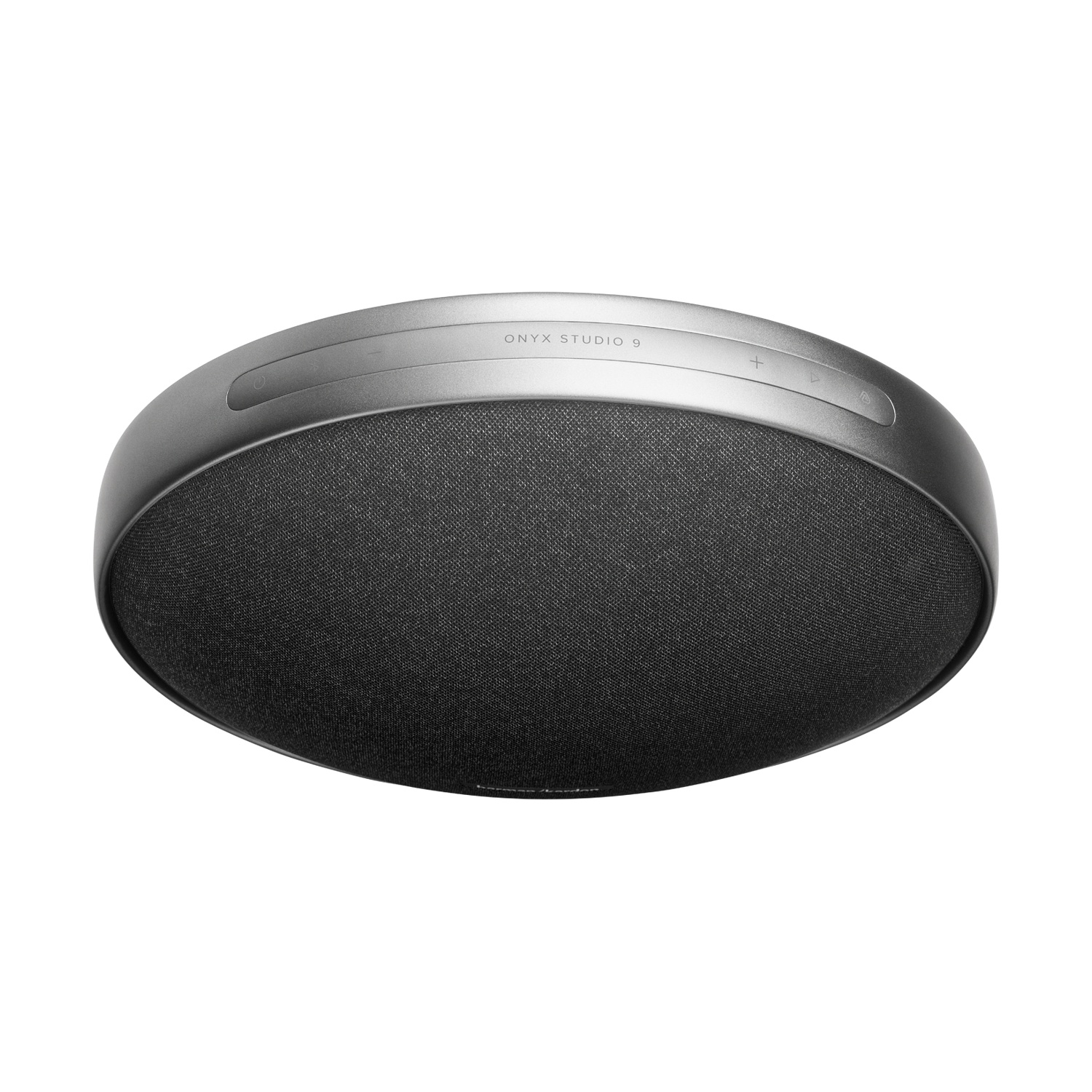 Un altoparlante rotondo argentato e nero con la scritta 'ONYX STUDIO 9' in alto. Sono visibili i pulsanti più e meno.