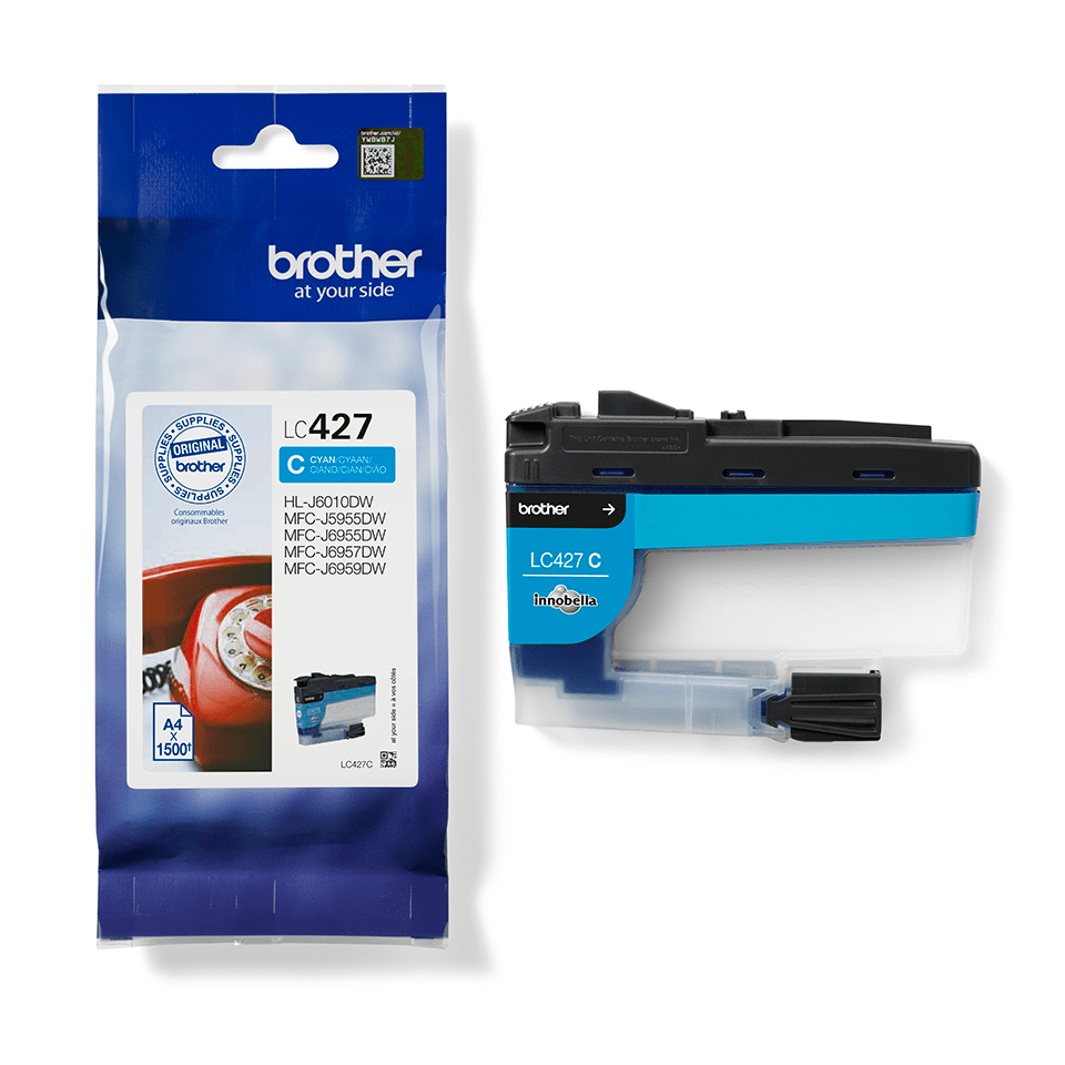 Une cartouche d'encre cyan Brother LC427 et son emballage sur une surface blanche. L'emballage est bleu et blanc.