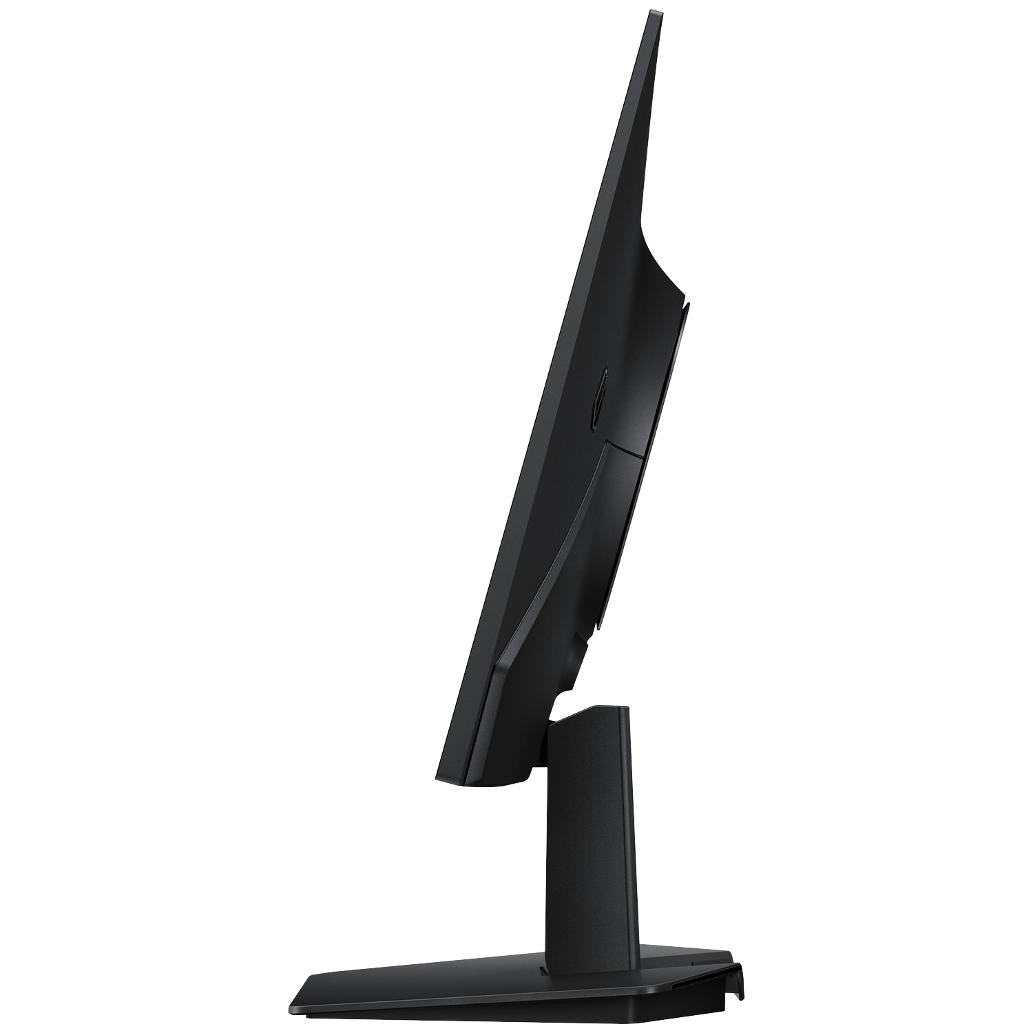 Zijaanzicht van een zwarte computermonitor. Hij staat op een standaard en het scherm is schuin. De achtergrond is wit.