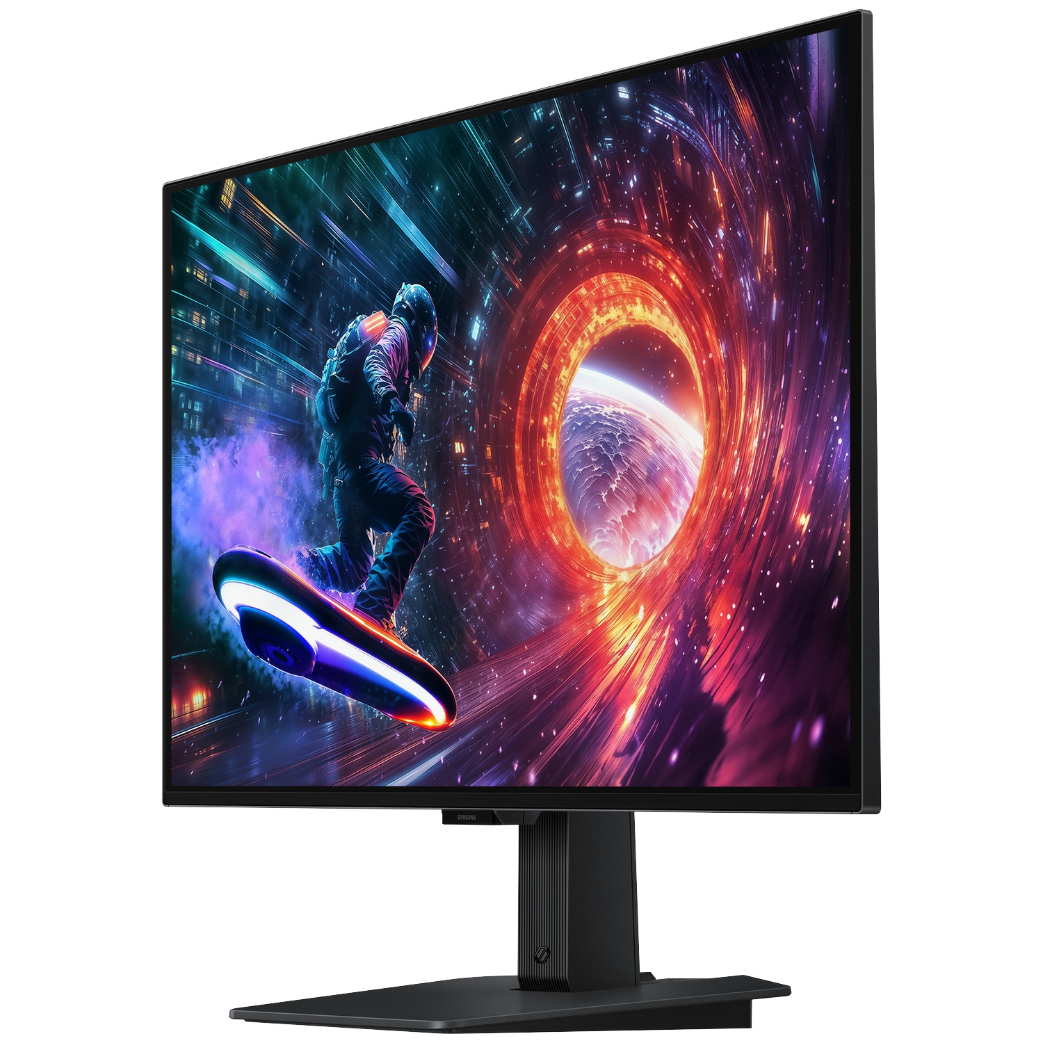 Een monitor toont een persoon op een surfboard in een kleurrijke ruimtescène. De monitor is zwart, met een zwarte standaard.