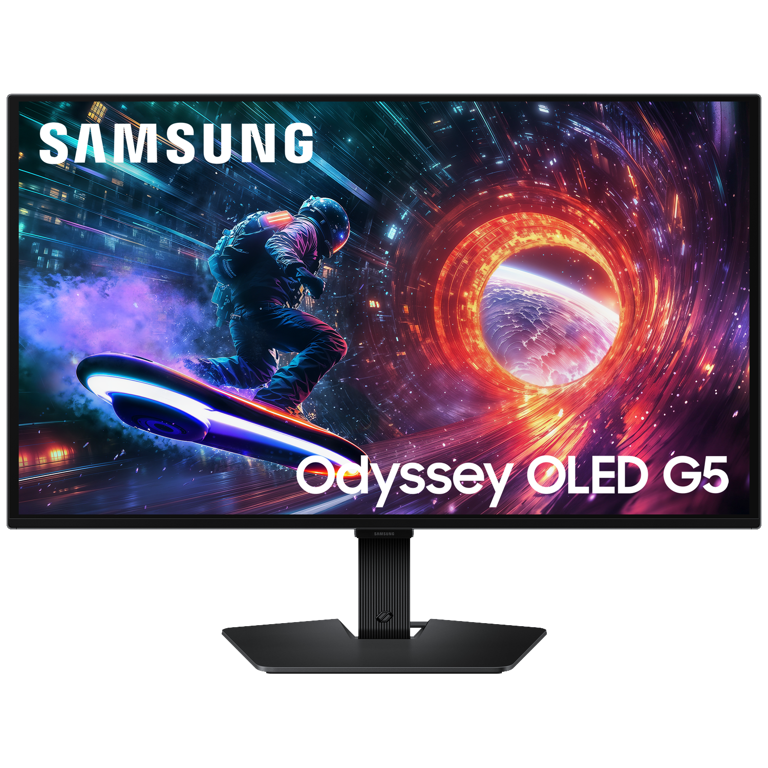 Samsung Odyssey OLED G5 monitor. Scherm toont futuristische scène met persoon op een board in de ruimte, tegen een kleurrijke achtergrond.