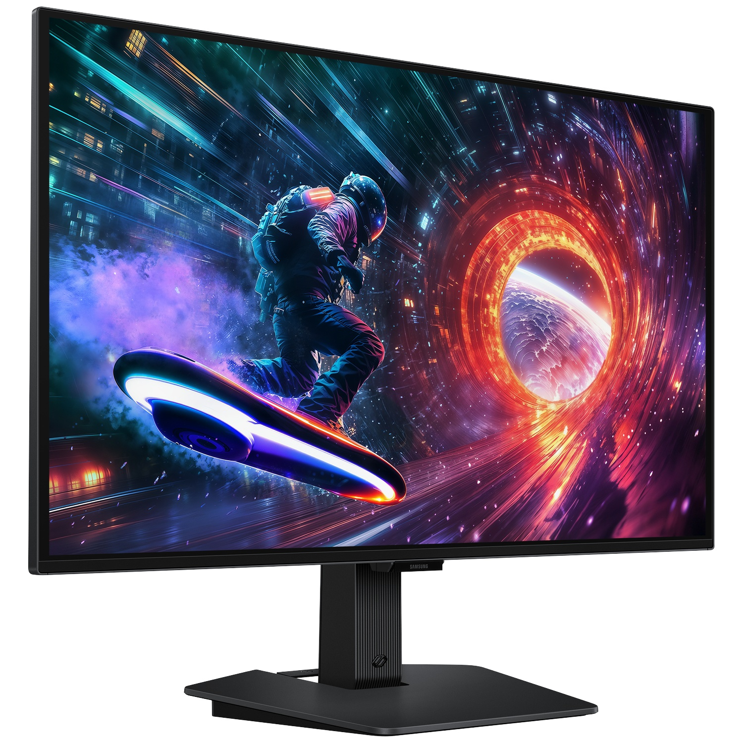 Een monitor toont een ruimtesurfer op een board, met een achtergrond van een melkwegstelsel. De monitor is zwart en staat op een zwarte standaard.