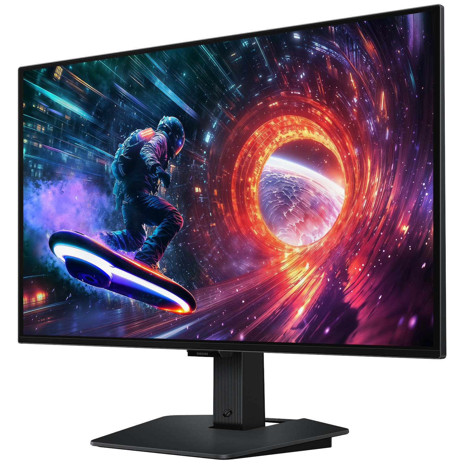 Monitor toont een astronaut op een plank in de ruimte. De achtergrond is een kleurrijke, wervelende vortex.