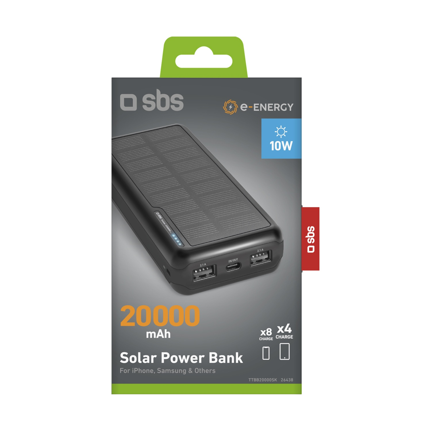 Viene mostrato un power bank solare nero. Ha un pannello solare sulla parte superiore, con porte USB. Il testo recita '20000 mAh Solar Power Bank'.
