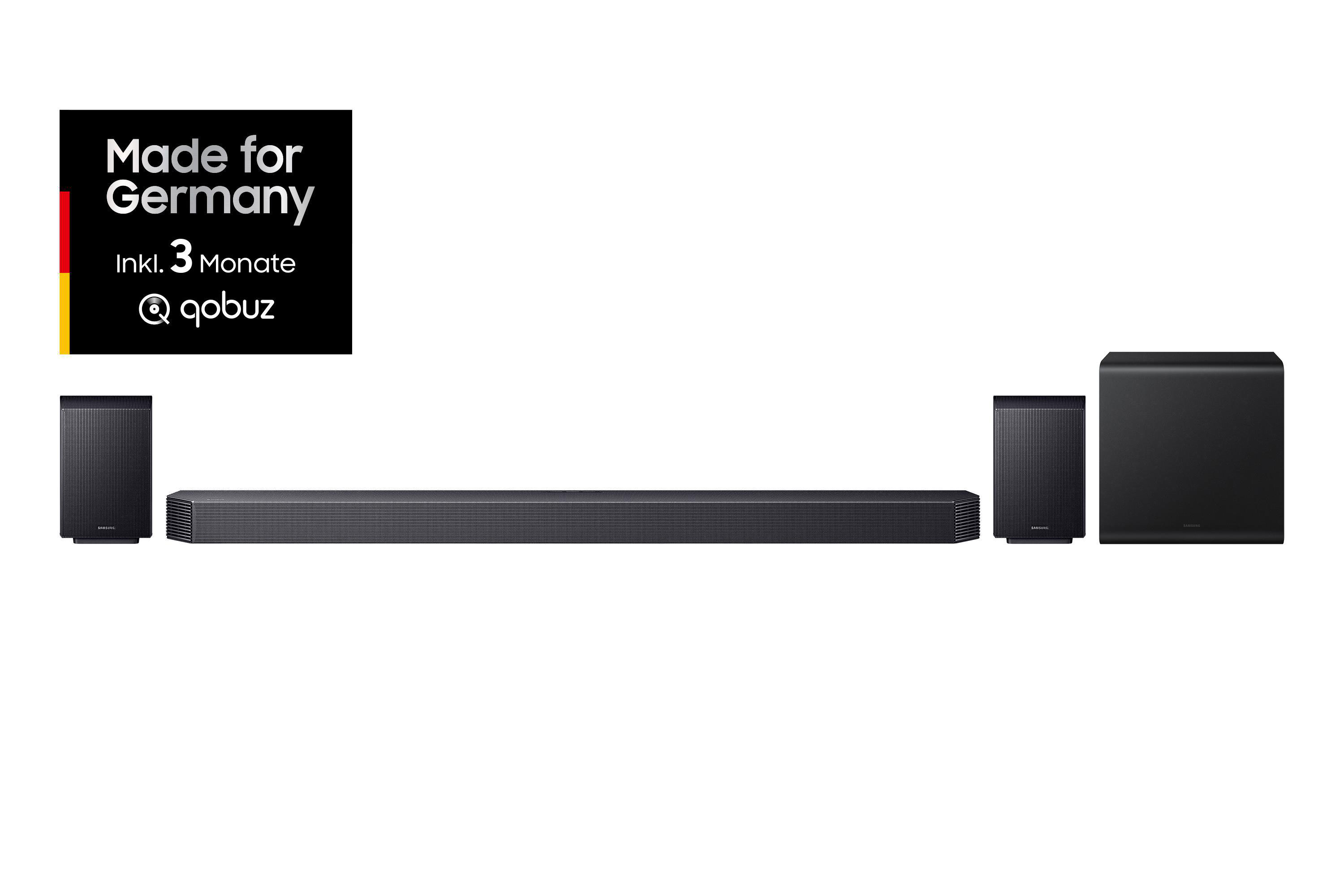 Ein Soundbar-System mit einem langen Lautsprecher, zwei kleineren Lautsprechern und einem Subwoofer. Ein Logo Made in Germany ist sichtbar.