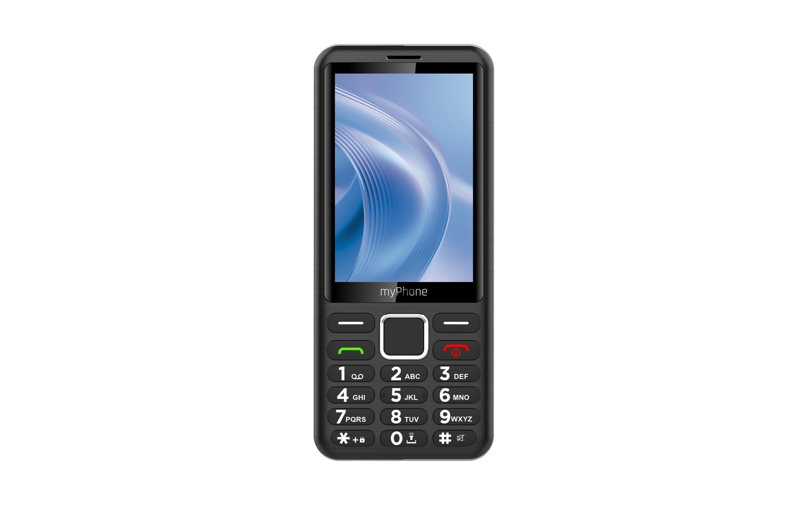 Egy fekete myPhone mobiltelefon kék és fehér örvényeket mutató képernyővel, szám- és funkciógombokkal.