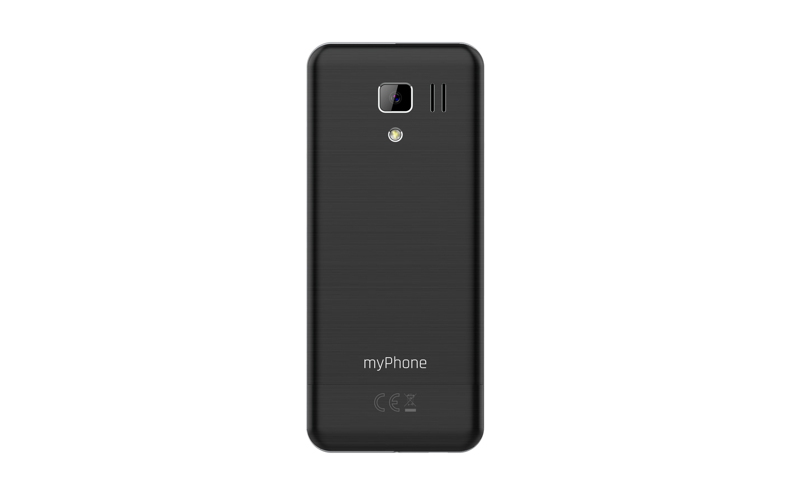 Egy fekete myPhone mobiltelefon hátulja látható. Van rajta kamera, hangszóró és a myPhone márkanév.