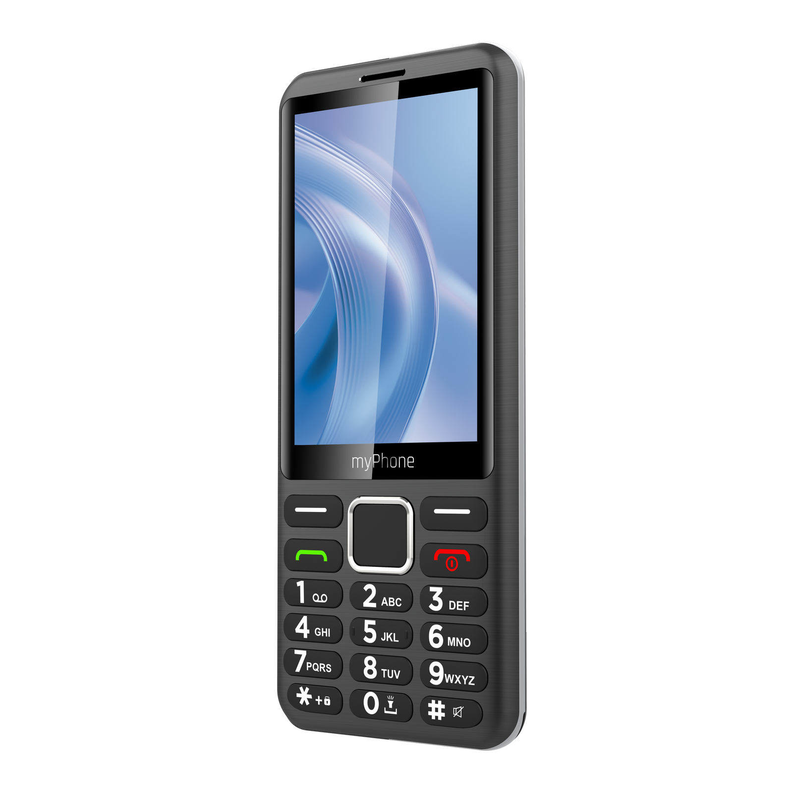 Egy fekete myPhone mobiltelefon látható. Van egy képernyője és számbillentyűi.