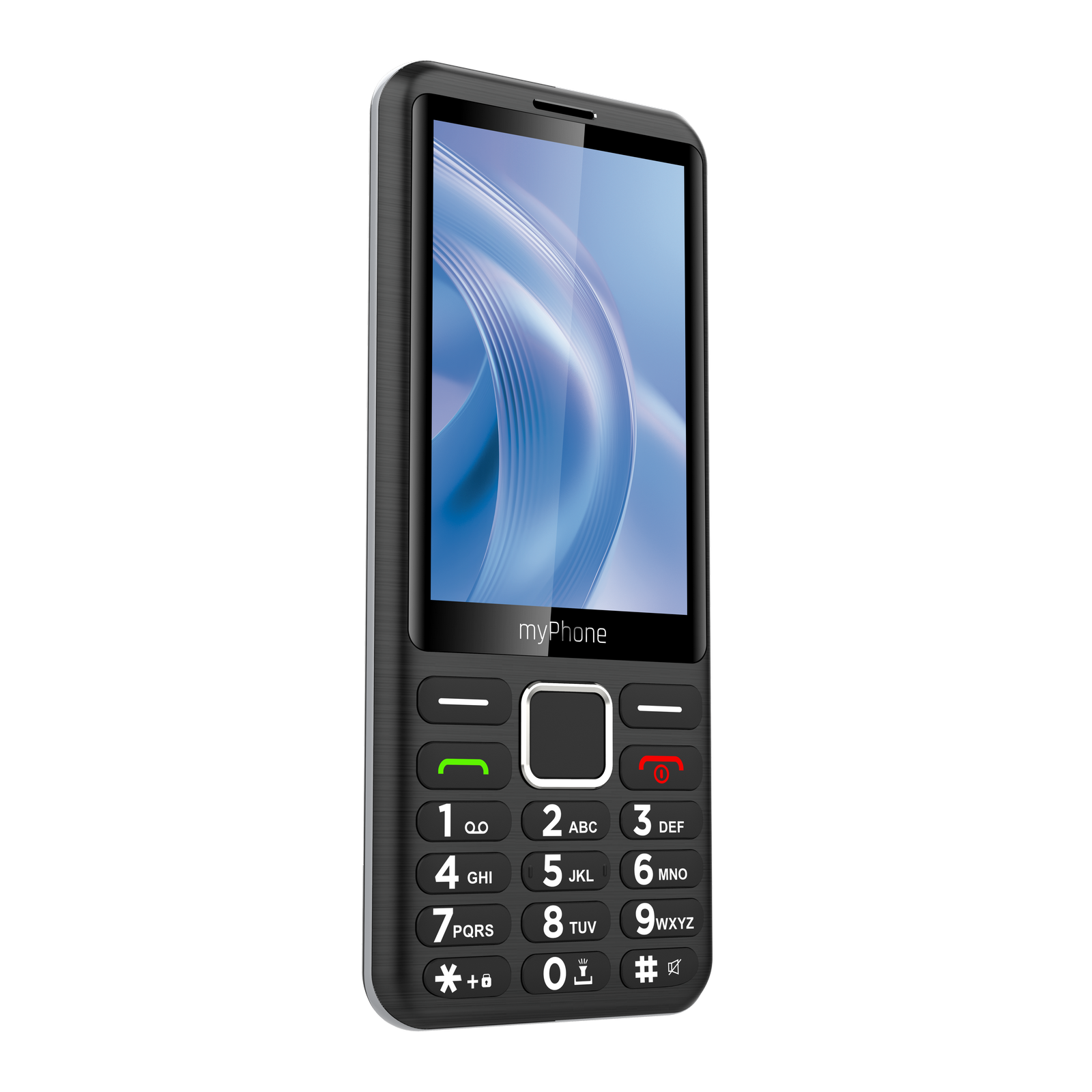 Egy fekete myPhone, kék örvényeket mutató képernyővel. Számgombok és hívógombok vannak rajta, szürke háttér előtt.