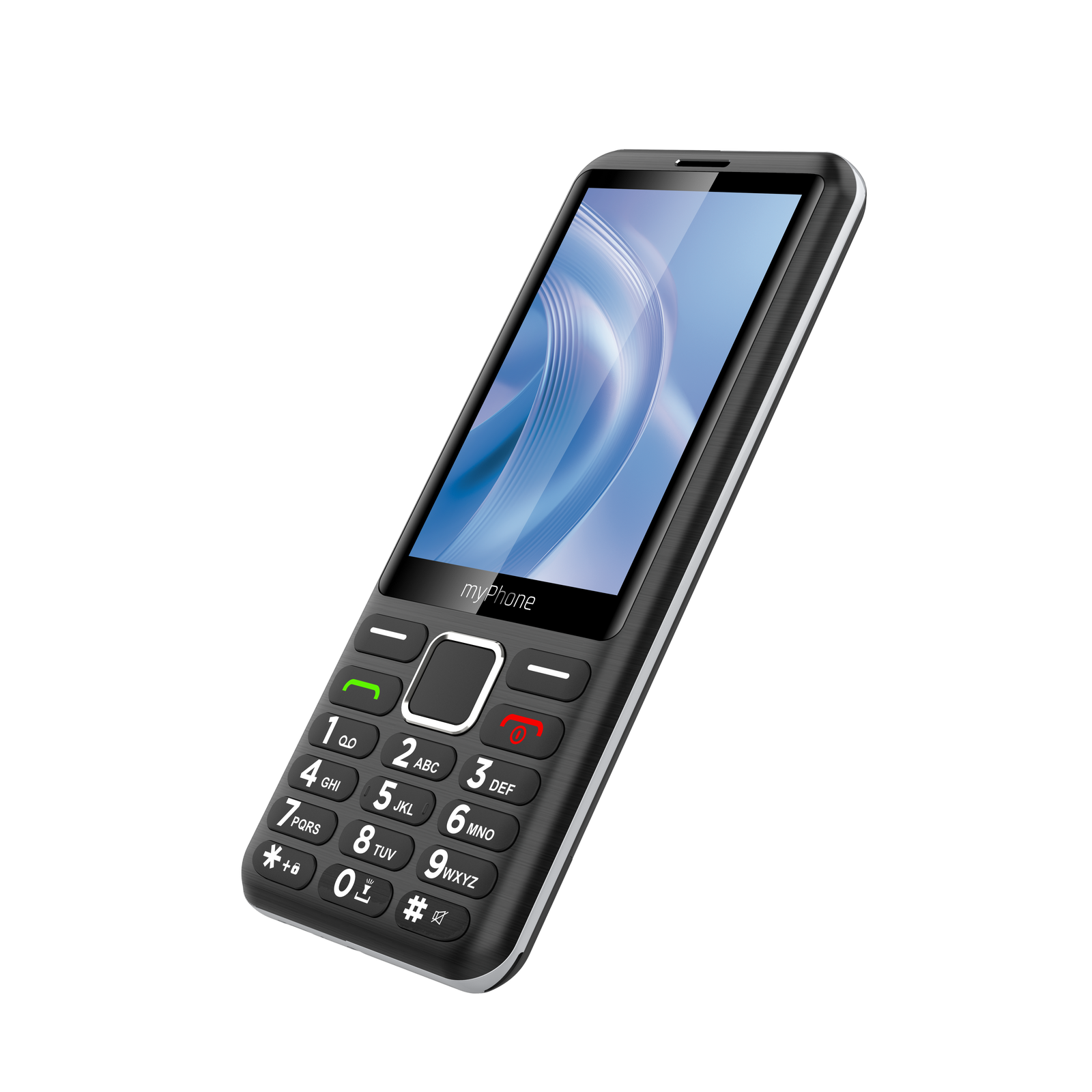 Egy fekete myPhone mobiltelefon numerikus billentyűzettel és képernyővel, amely kék-fehér dizájnt mutat szürke háttér előtt.