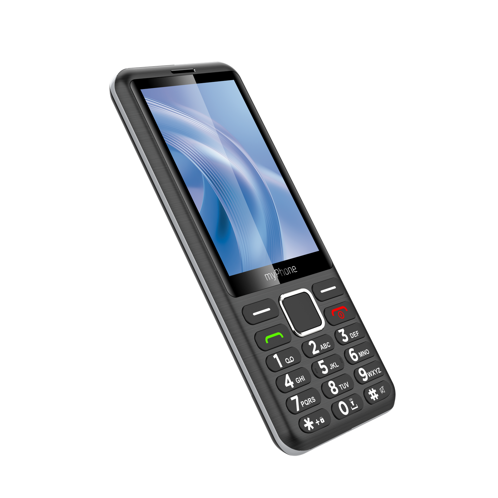 Egy fekete myPhone, számbillentyűzettel, kék hátterű képernyővel és szürke háttérrel.