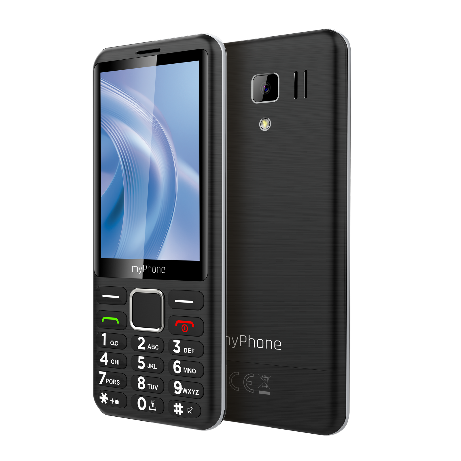 Egy fekete myPhone billentyűzettel és képernyővel, mellette a hátulja. A háttér szürke.
