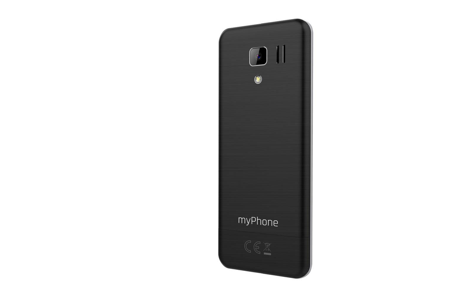 Egy fekete myPhone mobiltelefon hátulja. Van rajta kamera, hangszóró és a márkanév. A háttér szürke.