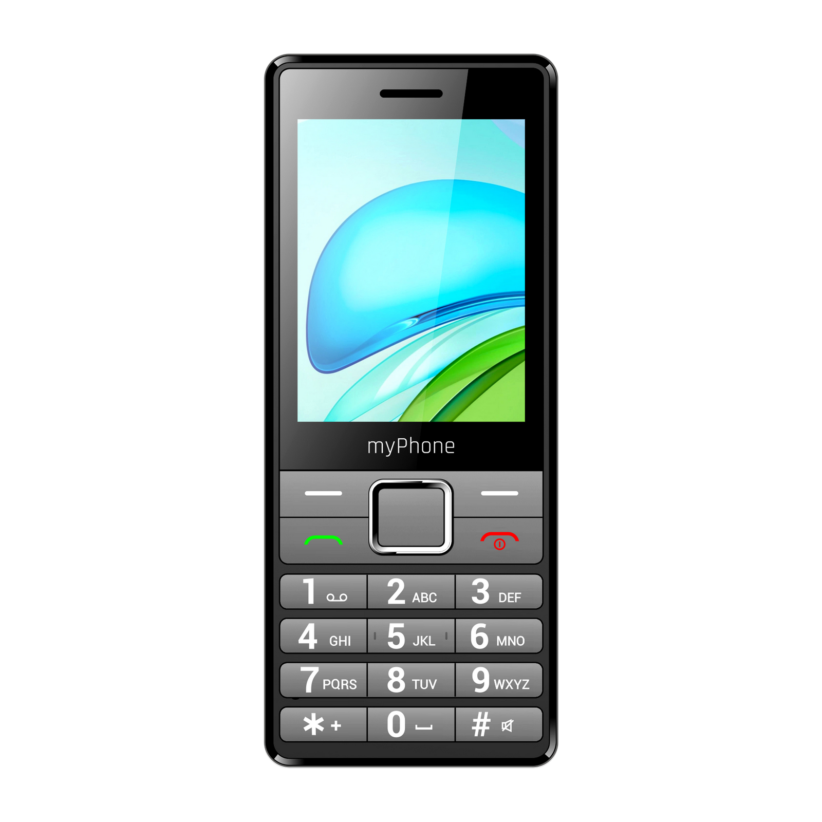 Fekete myPhone mobiltelefon numerikus billentyűzettel és kék-zöld mintás kijelzővel.