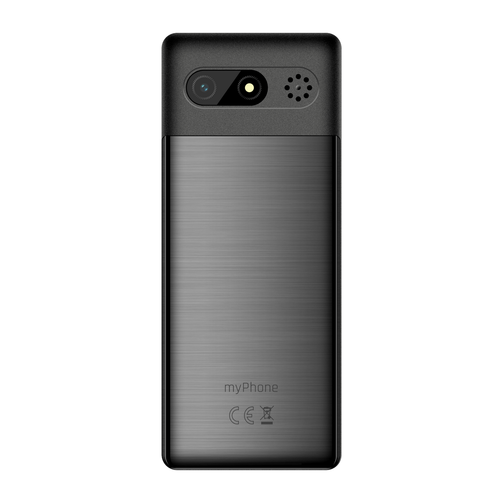 Egy fekete okostelefon hátulja. Két kamerája, hangszórója, és az 'myPhone' márkanév látható alul.
