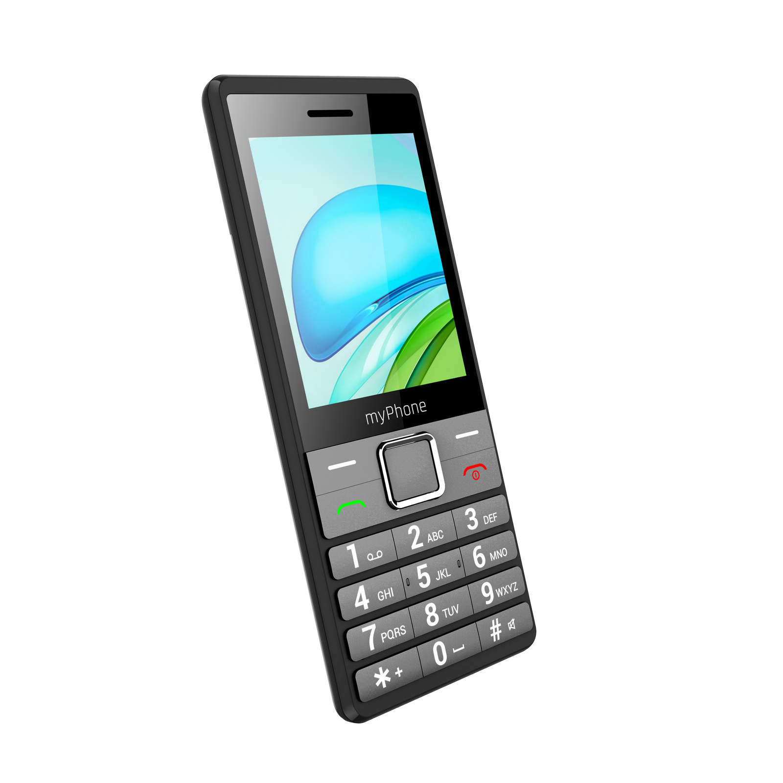Egy fekete myPhone mobiltelefon kék-zöld képernyővel, numerikus billentyűzettel és ezüst négyzet alakú gombbal.