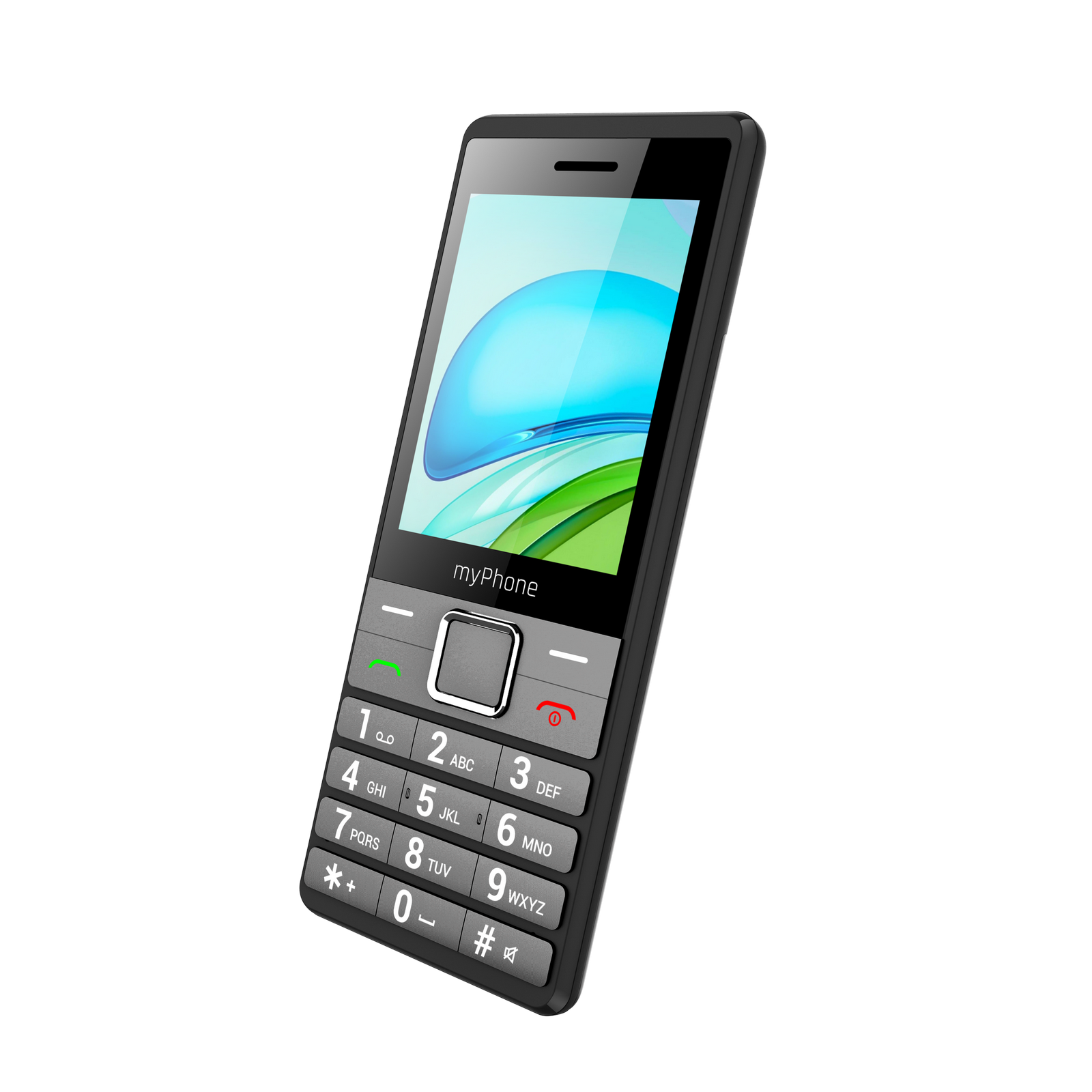 Fekete myPhone mobiltelefon szürke háttér előtt. Képernyője és billentyűzete van számokkal és betűkkel.