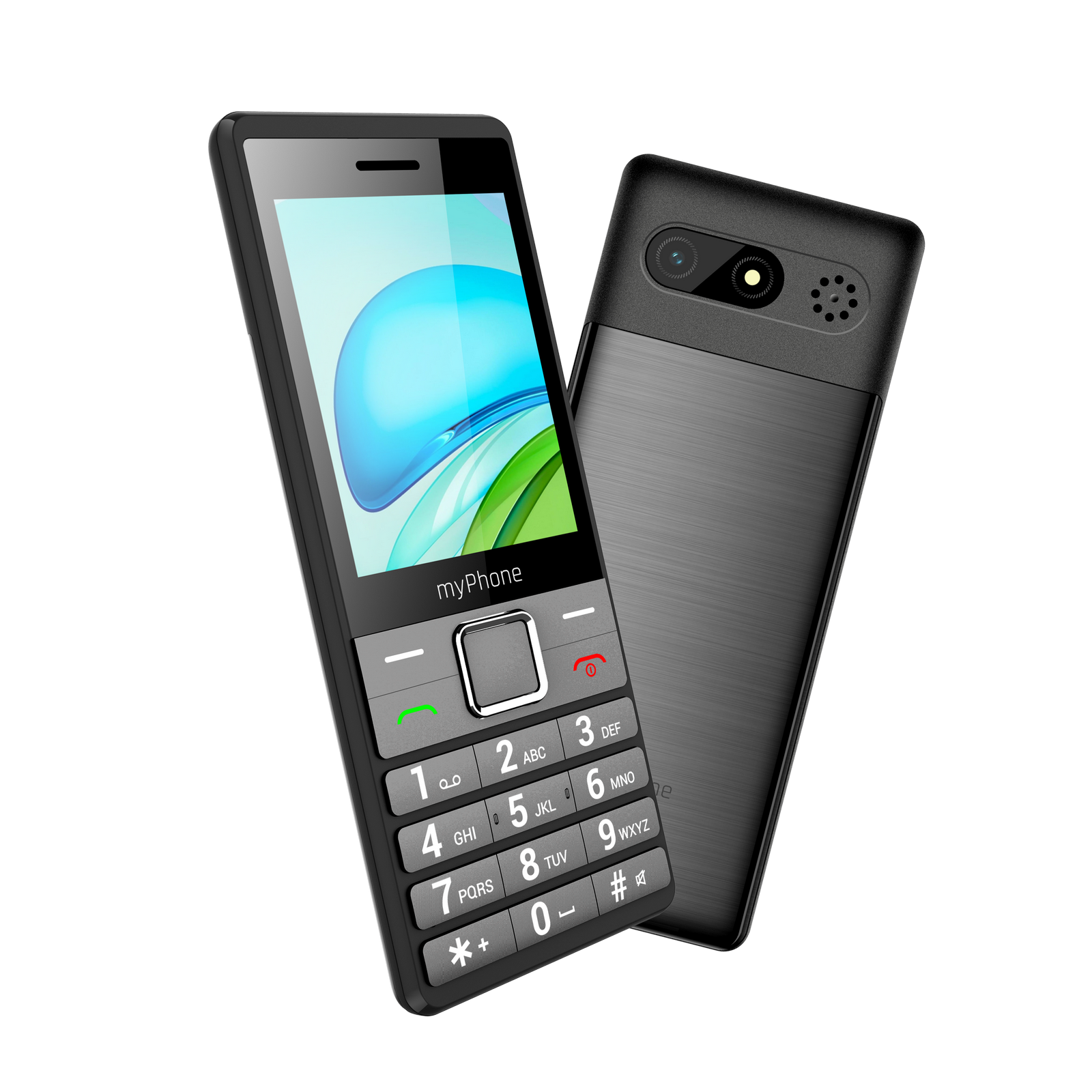 Két fekete mobiltelefon. Az egyik képernyőt mutat, a másik kamerát és hangszórót. Szürke háttér.