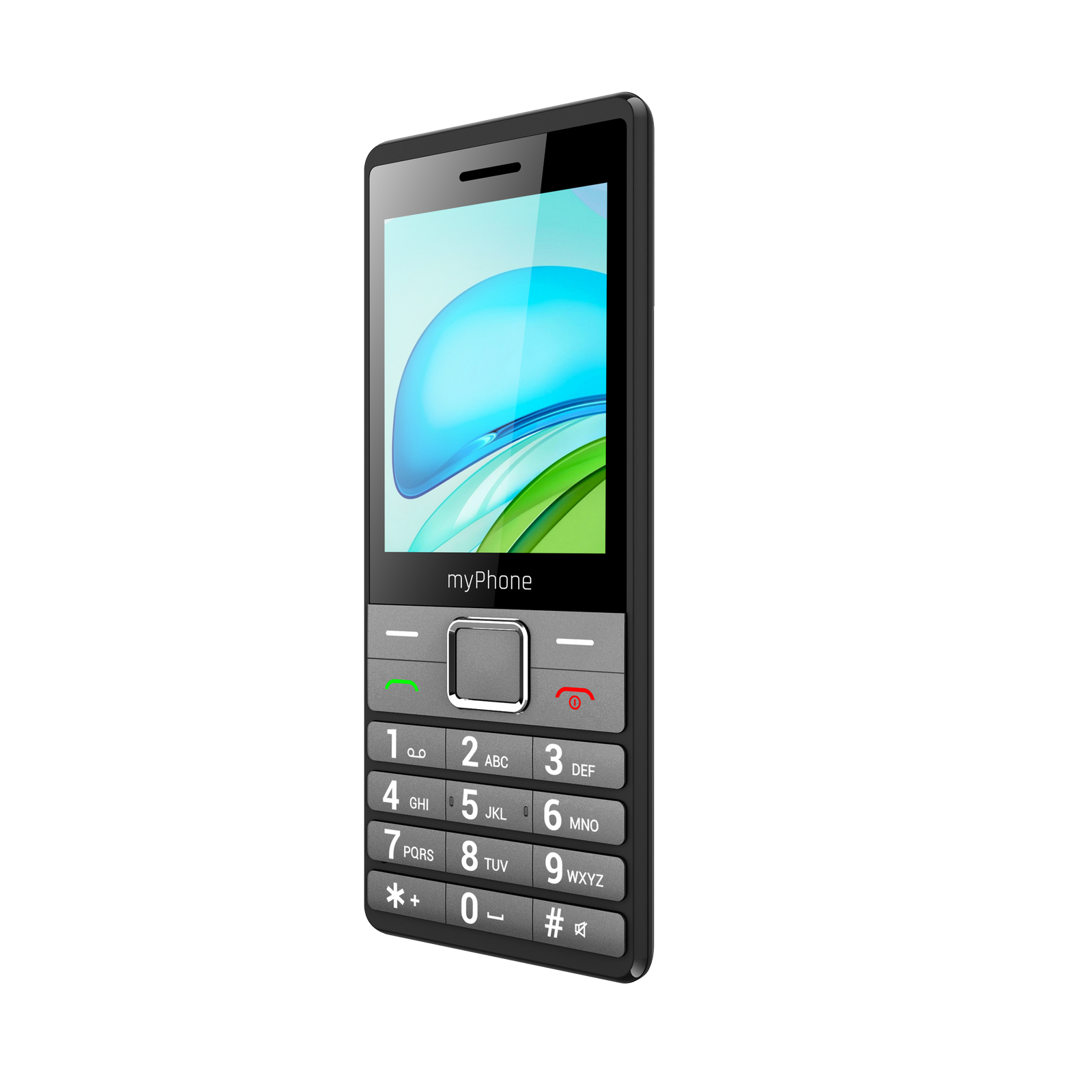 Egy fekete myPhone mobiltelefon. Képernyőjén kék és zöld absztrakt dizájn, billentyűzetén számok és betűk láthatók.