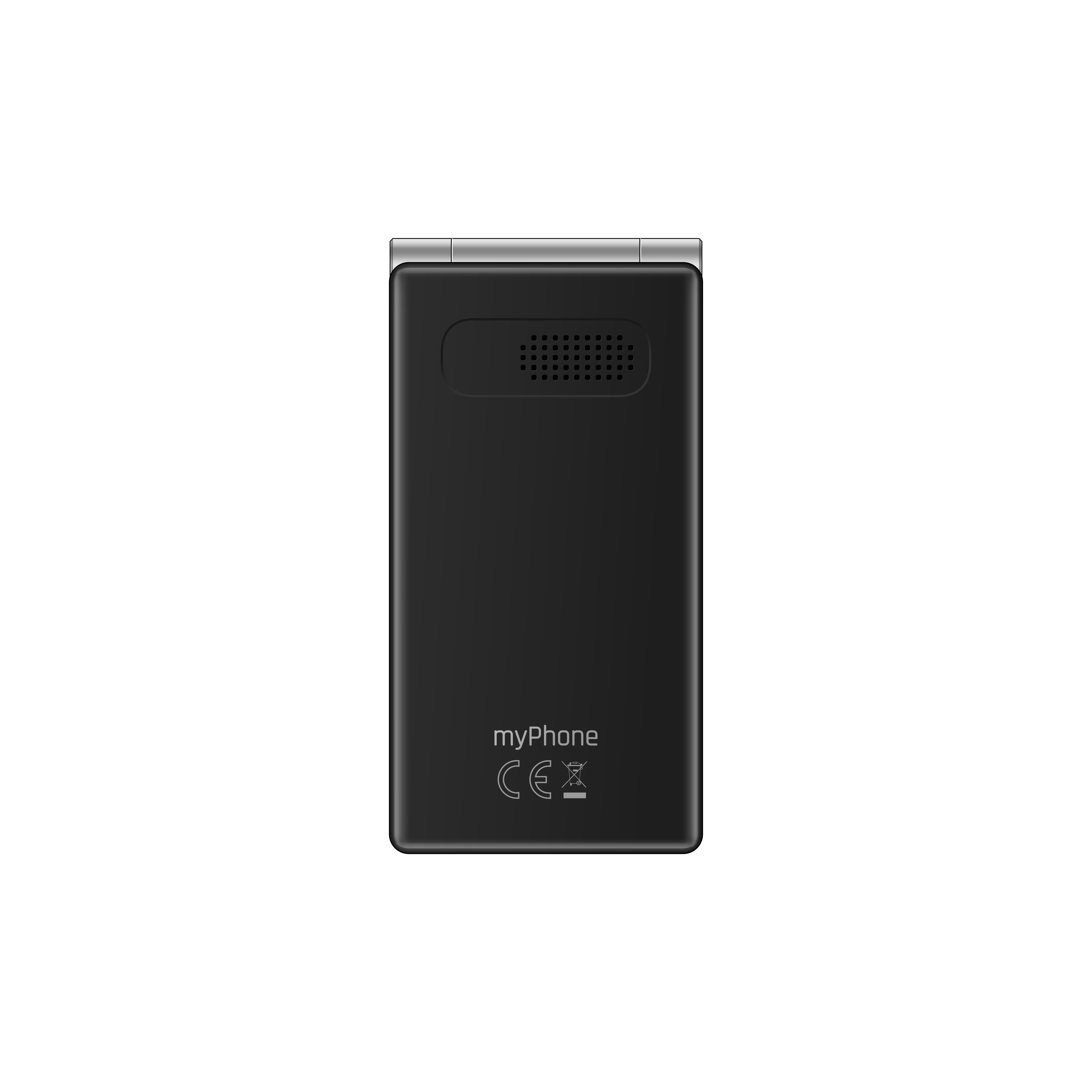 Fekete, myPhone logós telefon hátulja fekete háttér előtt.