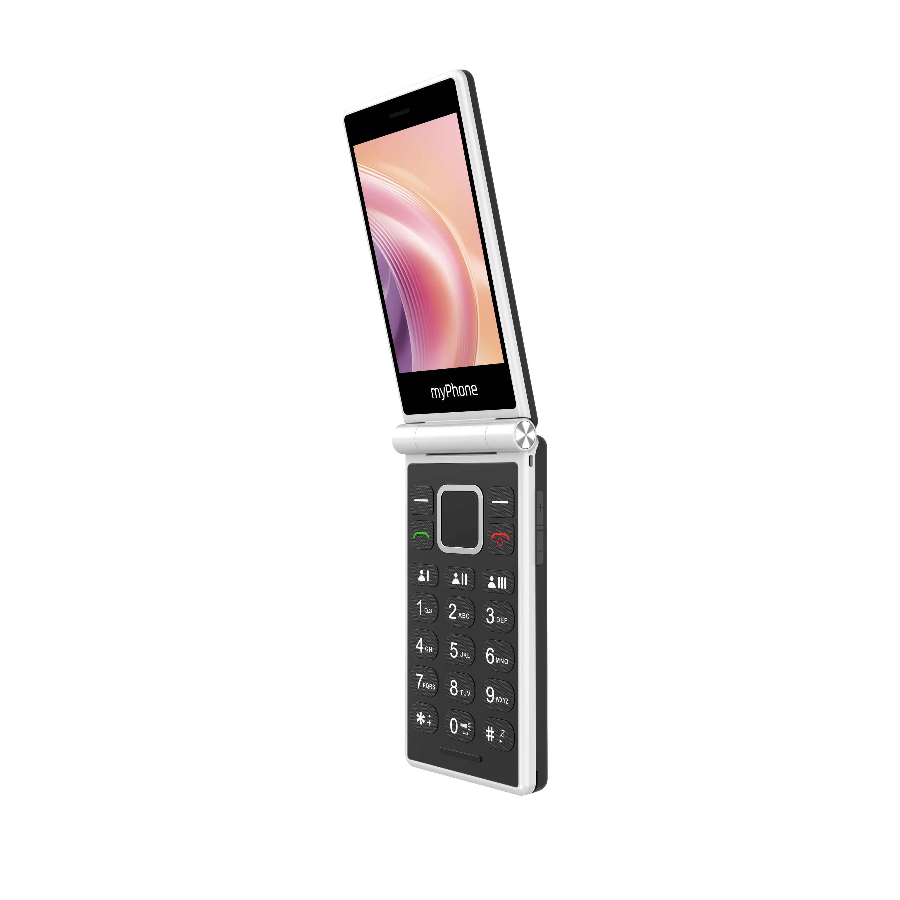 Egy fehér-fekete kagylótelefon nyitva. A képernyő rózsaszín-fehér mintát mutat. A háttér fekete.