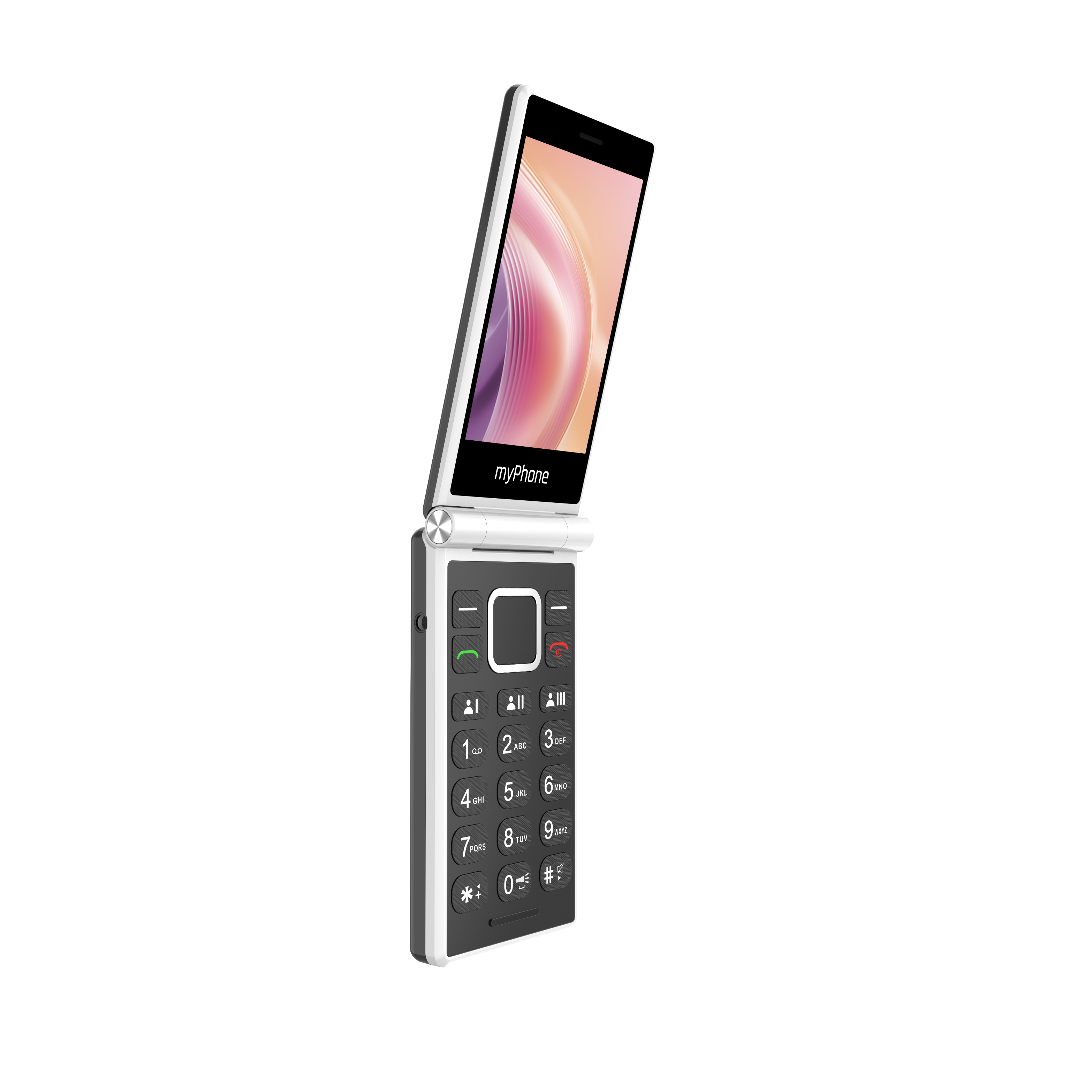 Egy nyitott kagylótelefon, fehér kerettel és fekete gombokkal. A képernyő egy színes absztrakt képet mutat.