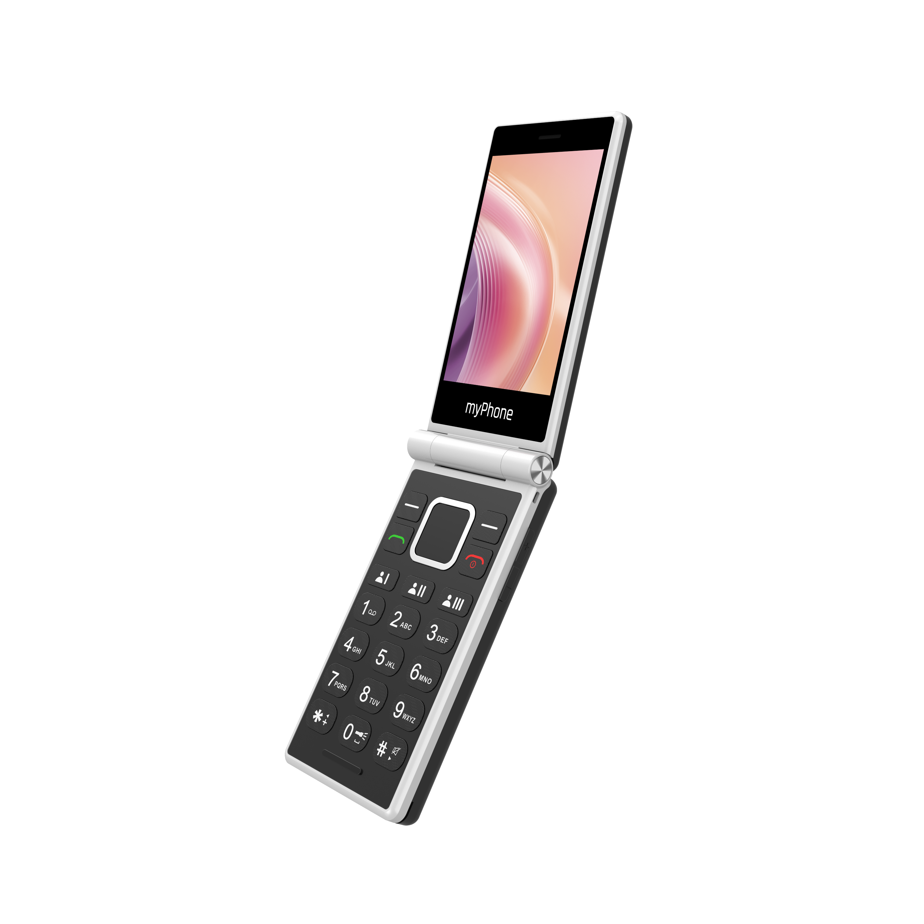 Egy kihajtható telefon nyitva van. Van egy képernyője és egy billentyűzete. A háttér fekete.