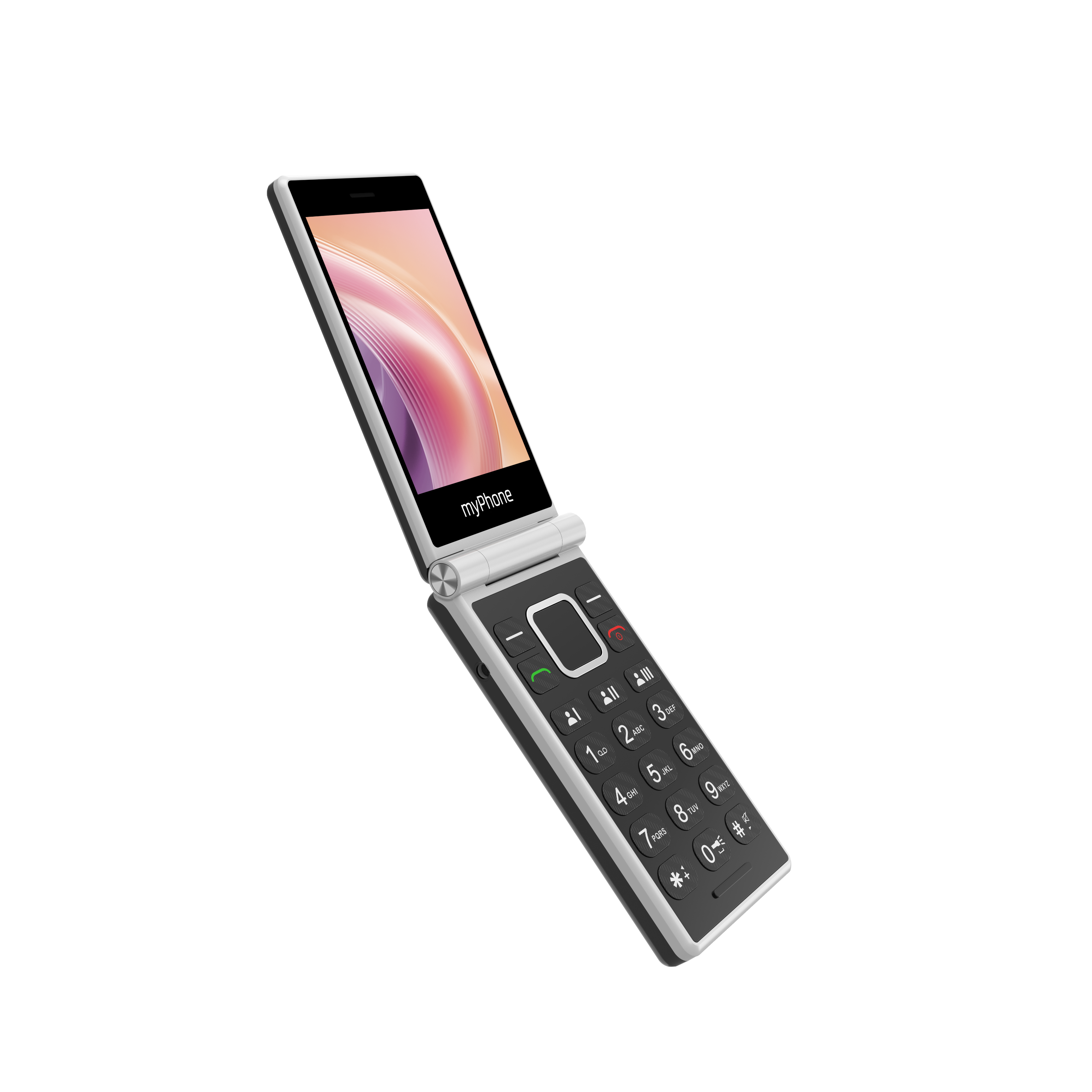 Egy összecsukható telefon nyitva van, színes képet jelenít meg. Van billentyűzet és gombok.
