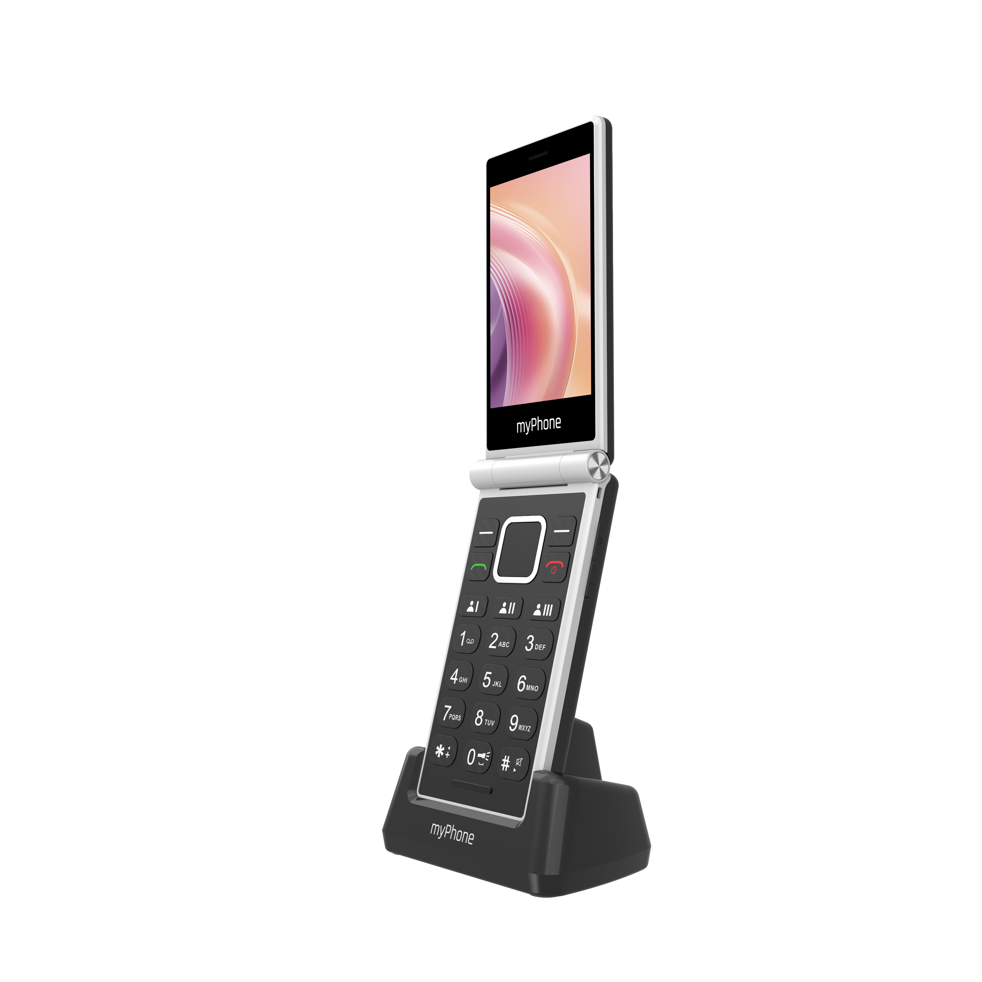 Egy kihajtható telefon egy állványon van. A képernyő nyitva van, színes képet mutat. A telefonon numerikus billentyűzet található.