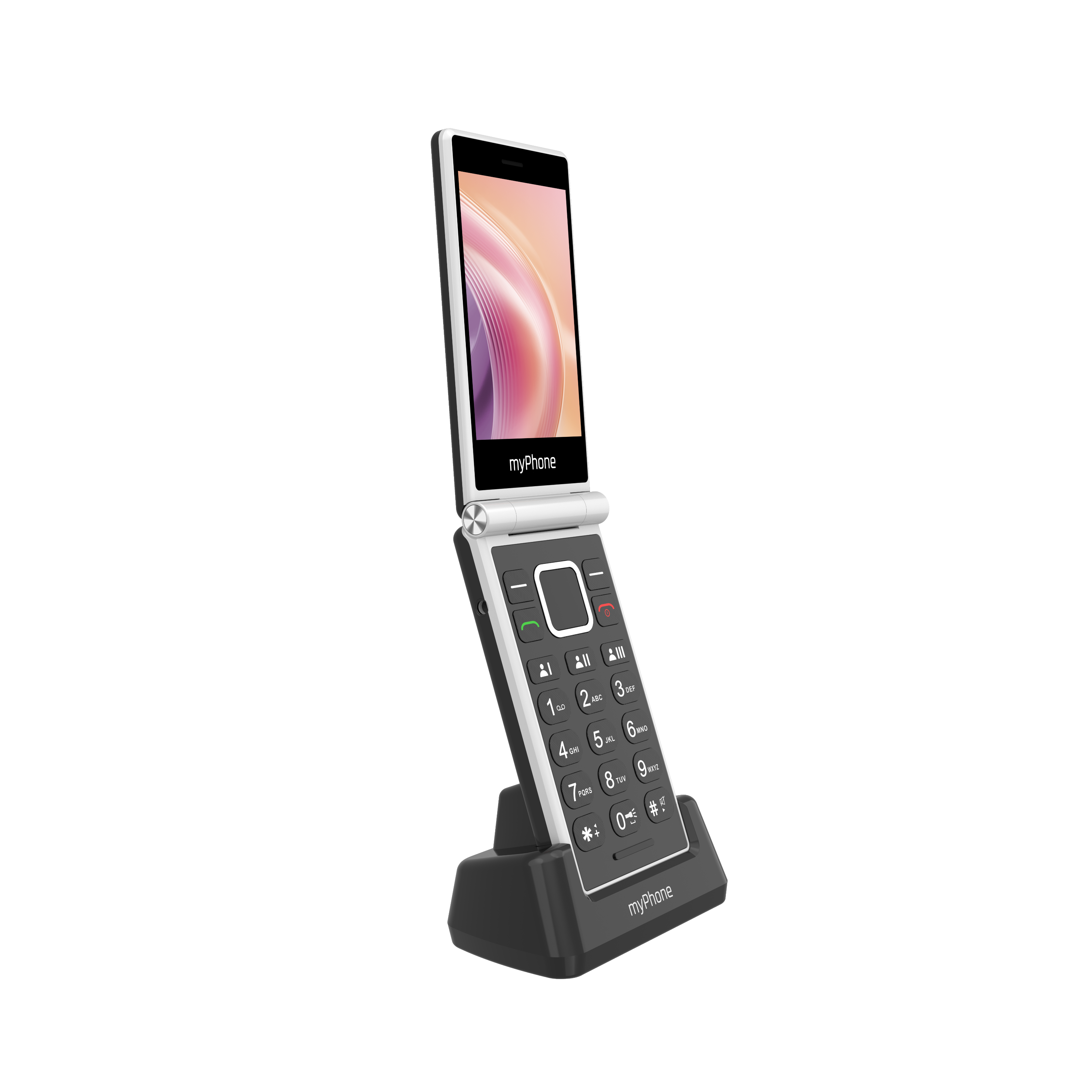 Egy összecsukható telefon fekete felületen. A telefon fehér és fekete, a myPhone márkanévvel.