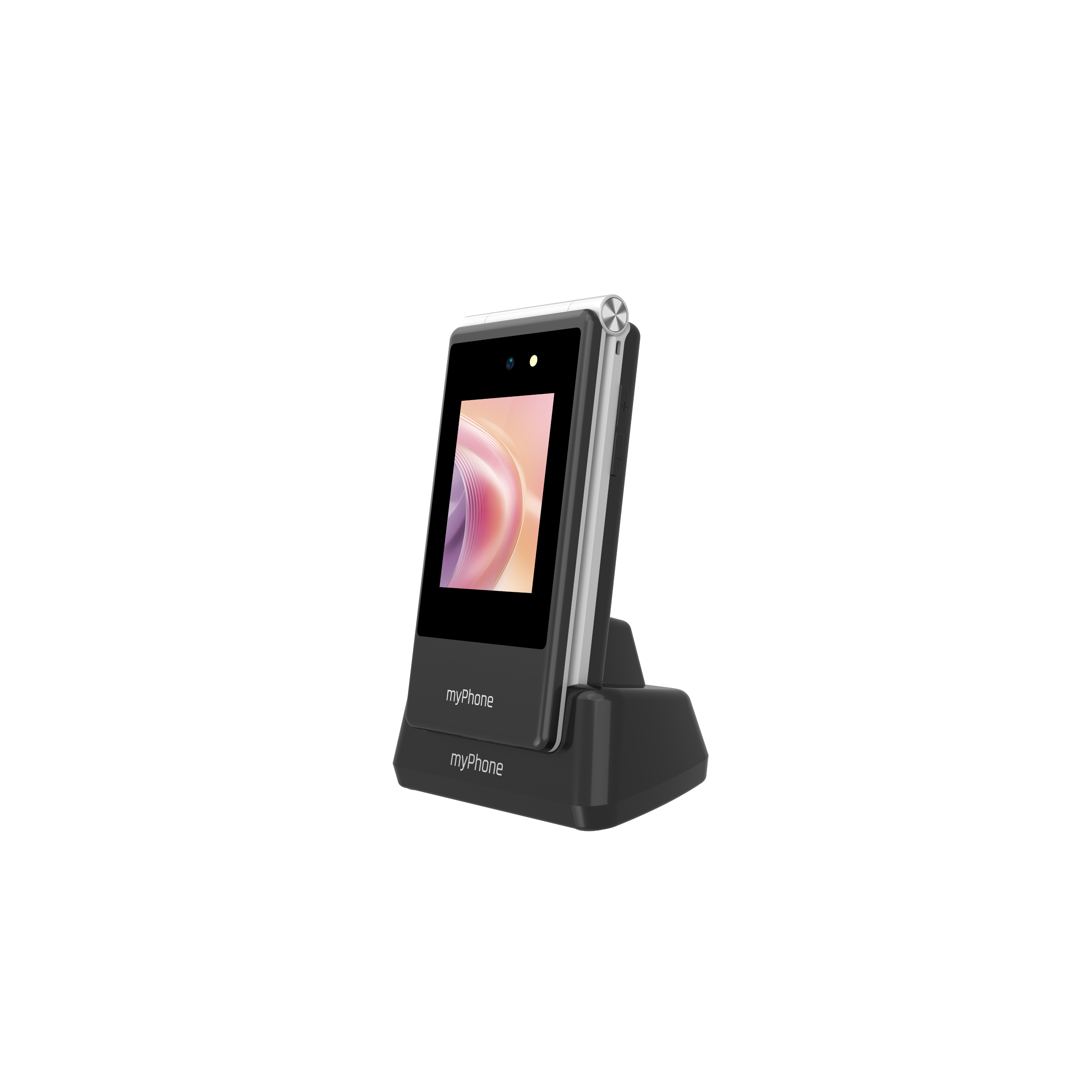 Egy fekete telefon képernyővel, amely egy képet jelenít meg, egy fekete töltőállomáson, fekete háttérrel.