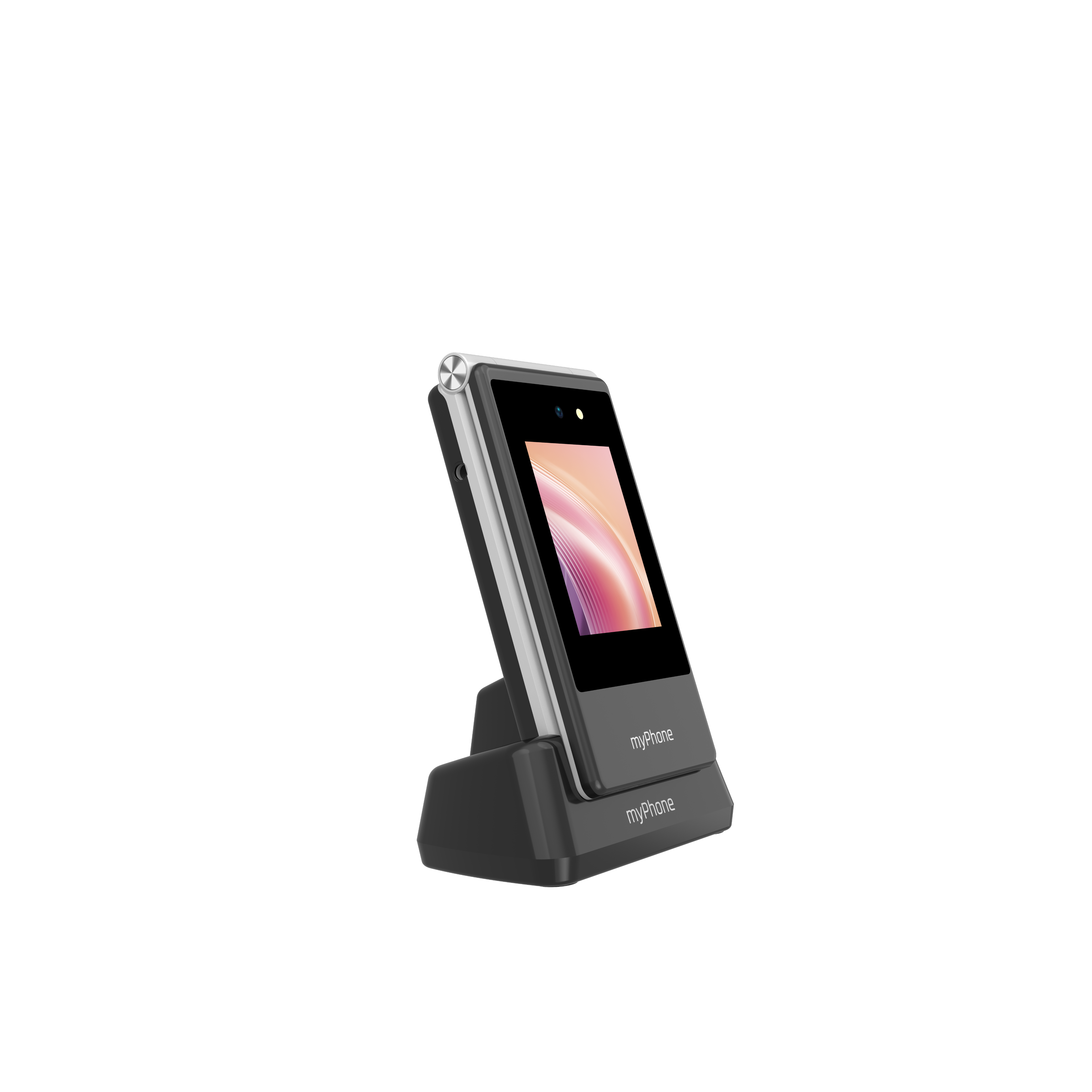 Fekete-ezüst okostelefon töltőállomáson. A képernyő színes átmenetet jelenít meg. A márka a myPhone.