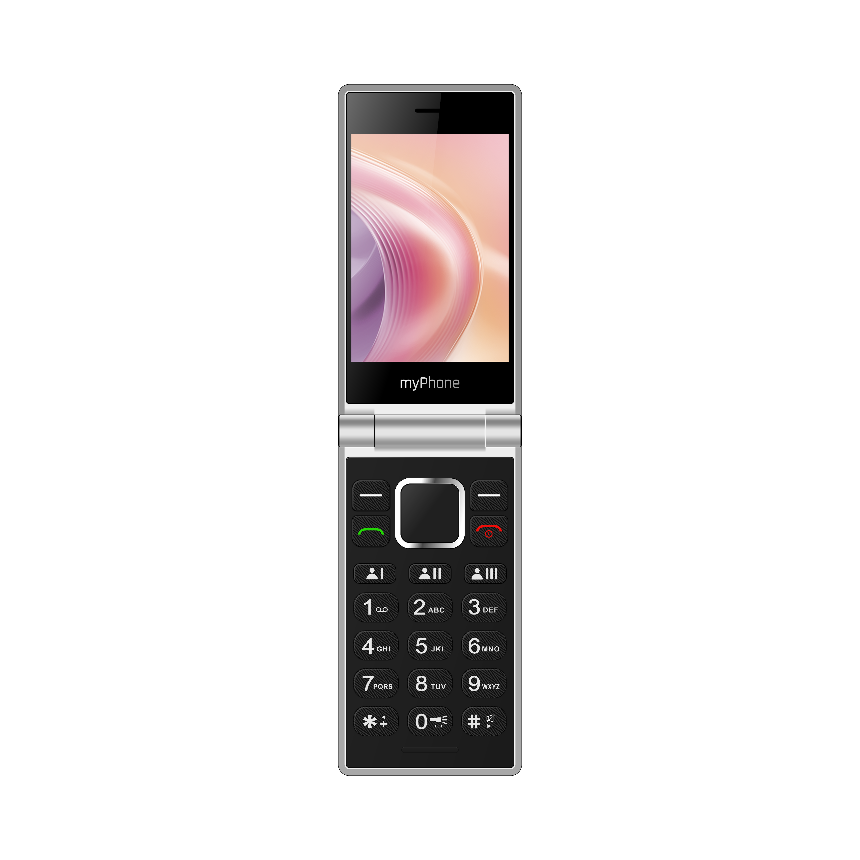 Egy ezüst színű, felnyitható telefon nyitva van, rózsaszín és fehér mintás képernyővel. A billentyűzeten számok és szimbólumok találhatók.