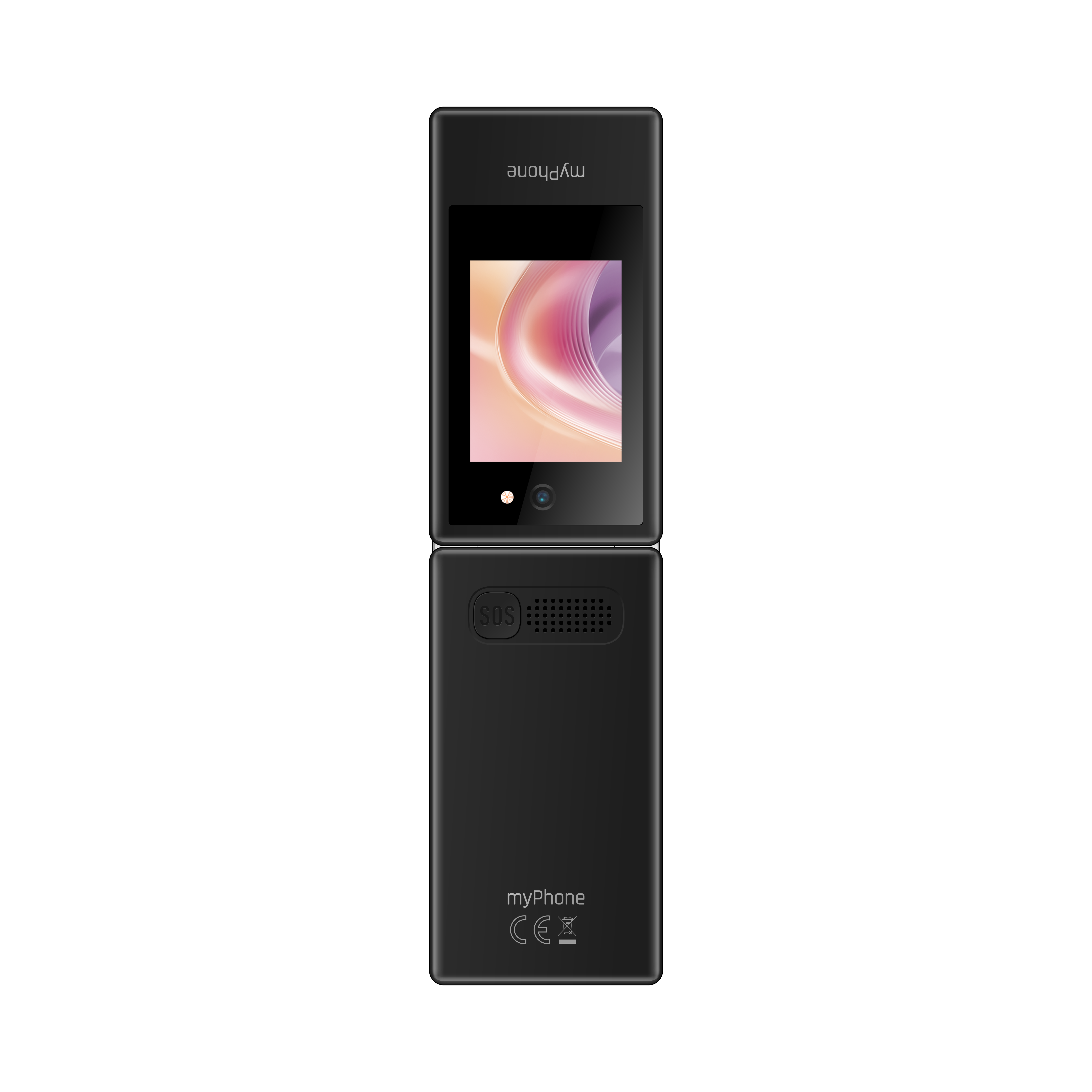 Fekete, nyitott flip telefon, képernyőn absztrakt színek. SOS gomb hátul. myPhone logó.