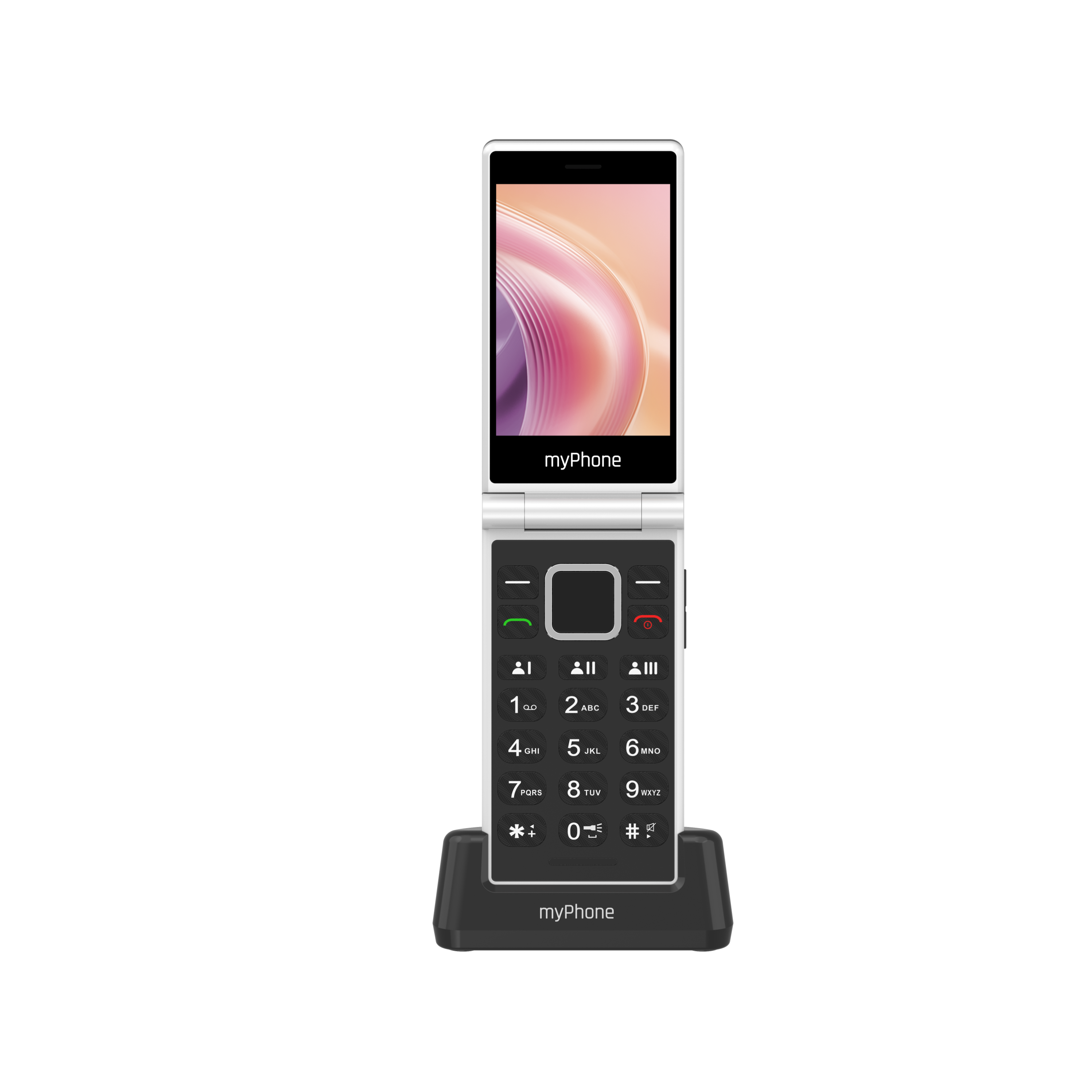 Egy kihajtható telefon fekete alapon. Van egy képernyője és egy billentyűzete. A háttér fekete.