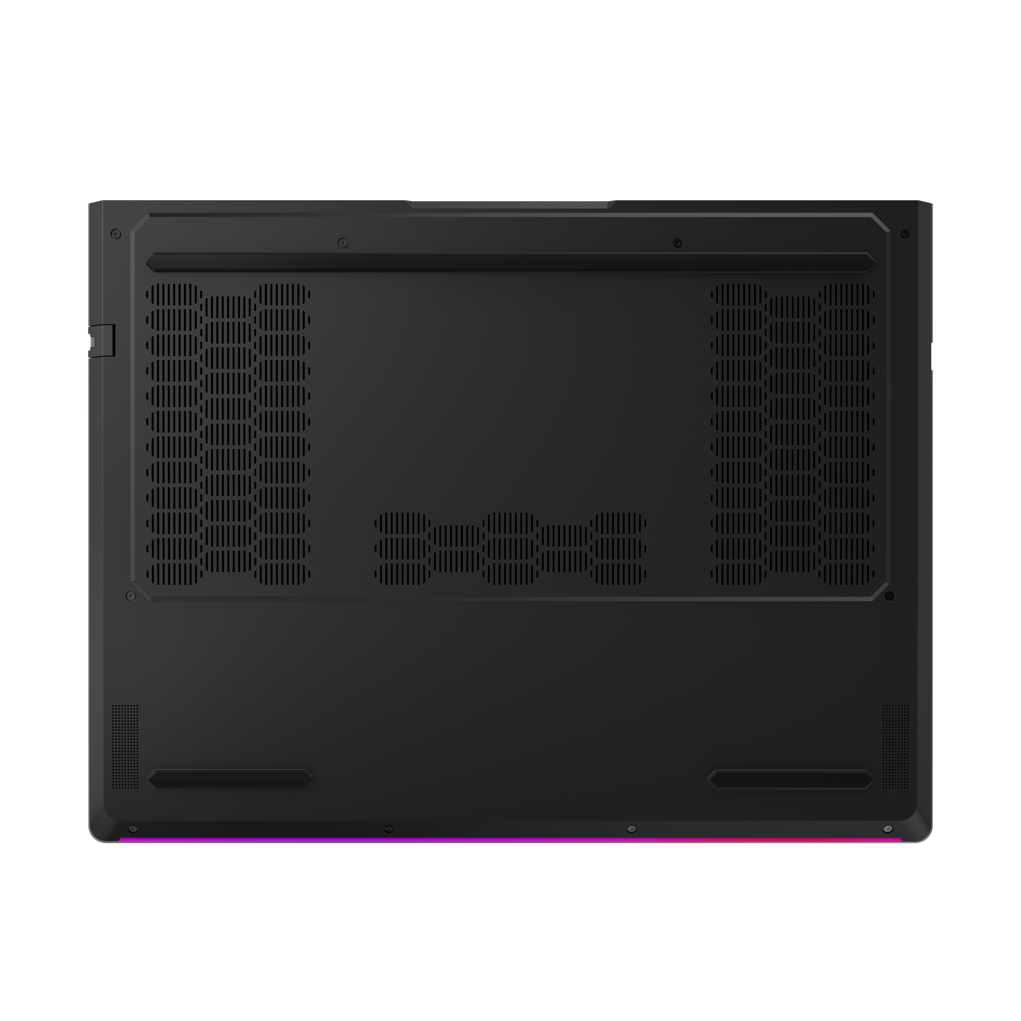 Unteransicht eines schwarzen Laptops. Es hat Lüftungslöcher und einen farbigen Lichtstreifen unten.
