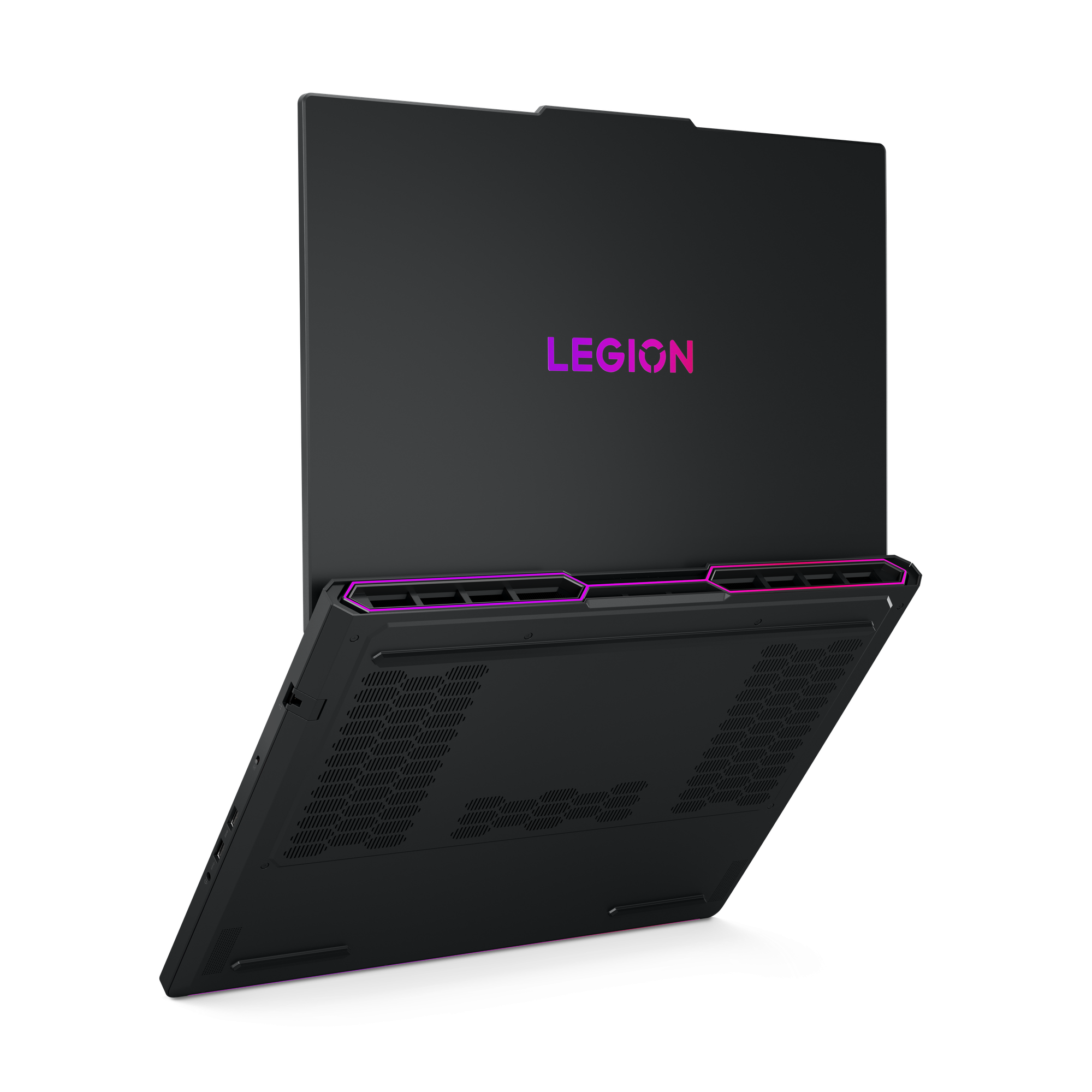 Schwarzer Lenovo Legion-Laptop, geöffnet, mit Legion-Logo und lila Akzent. Angesicht, dunkler Hintergrund.