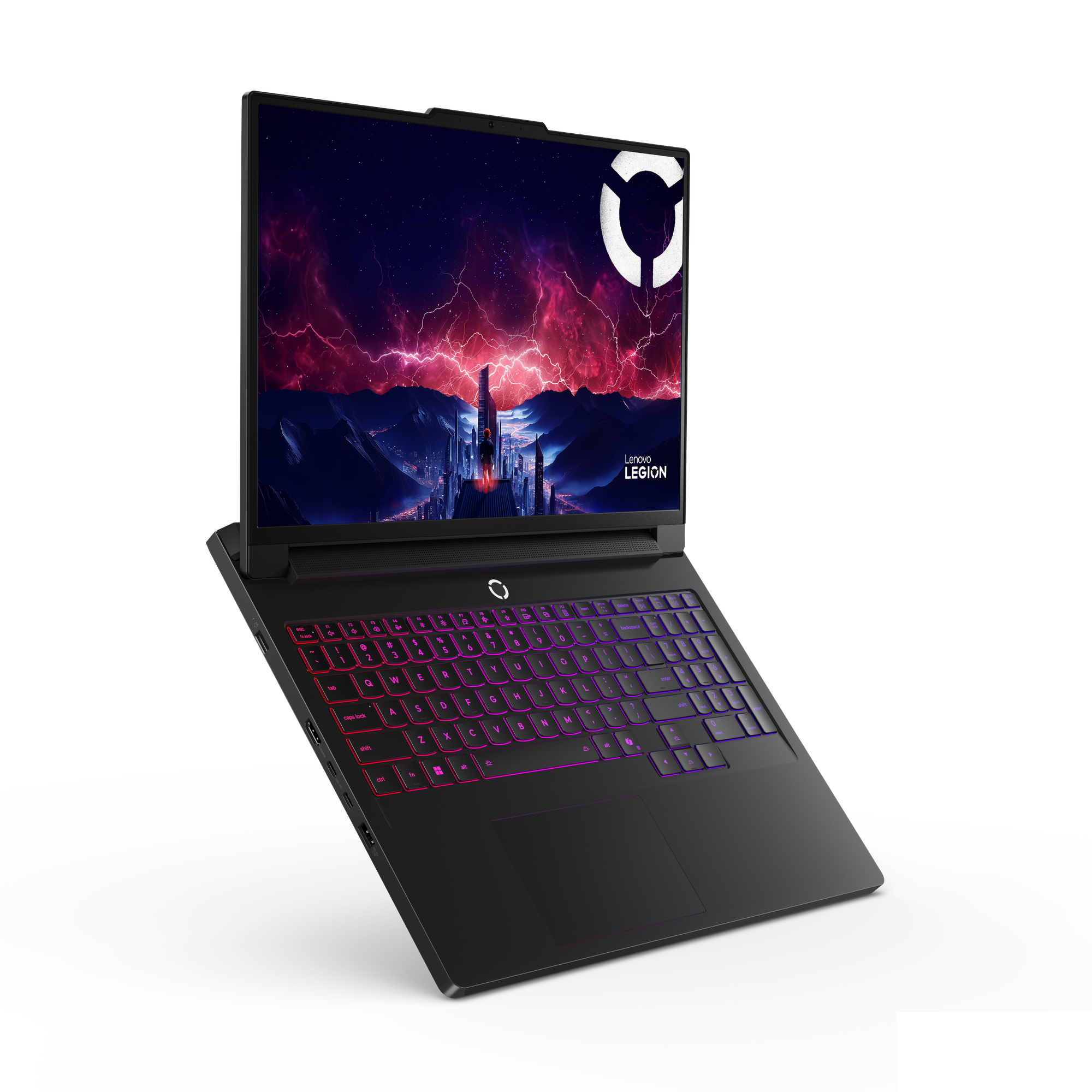 Schwarzer Laptop mit bunter Tastatur, zeigt eine Stadtszene auf dem Bildschirm und ein Lenovo Legion Logo.