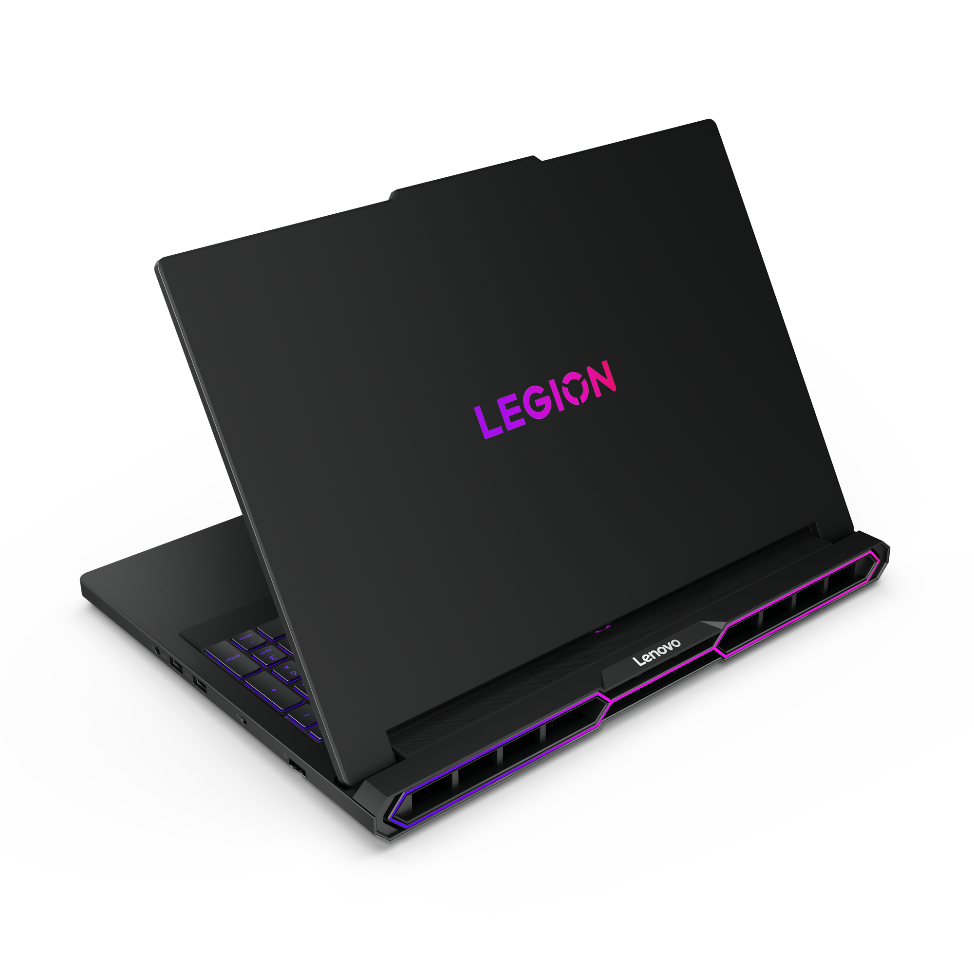 Schwarzer Lenovo Legion Laptop mit geöffnetem Deckel, beleuchteter Tastatur und Legion-Logo. Lila und rosa Akzente. Winkelansicht.