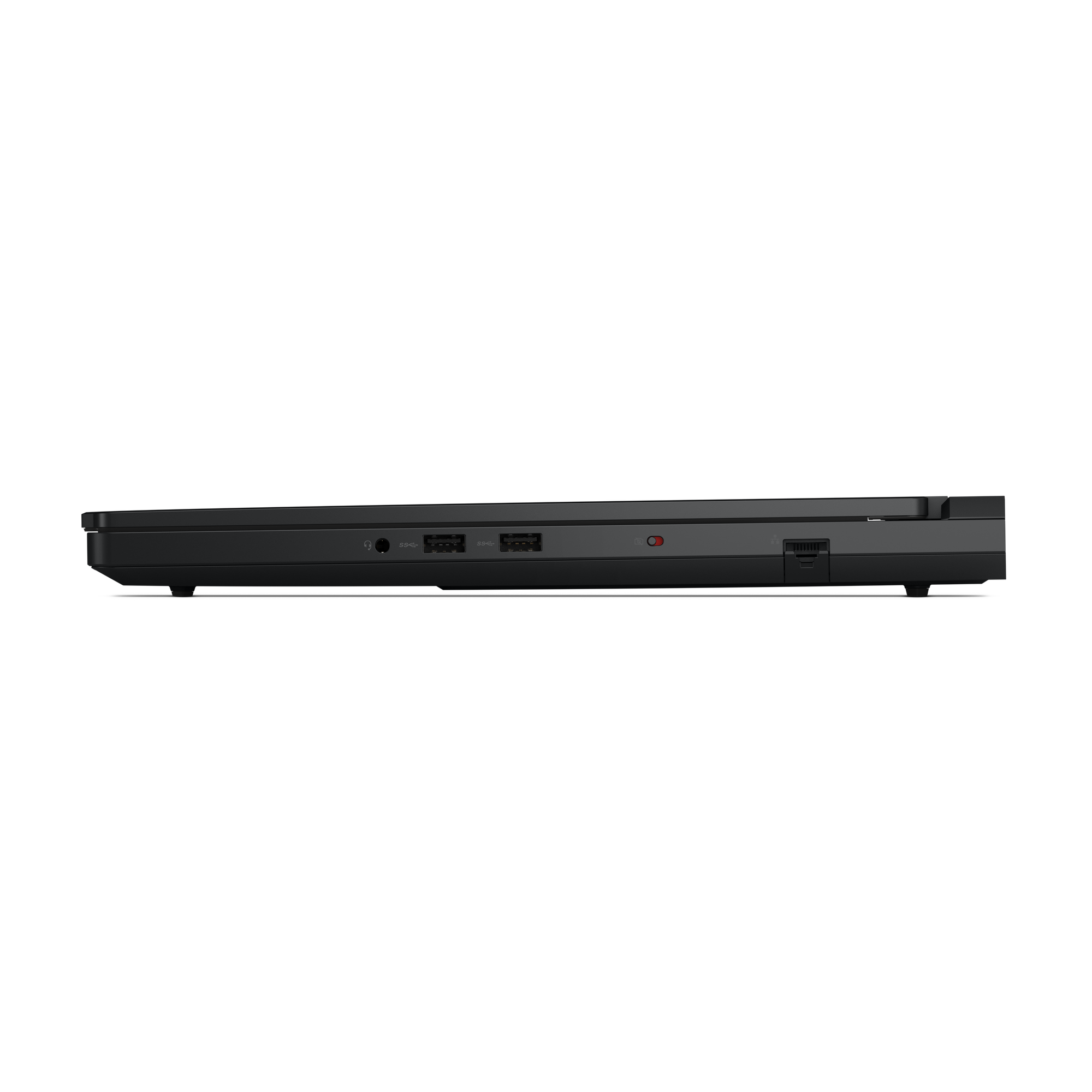 Die Seite eines schwarzen Laptops. Sichtbar sind Anschlüsse für Audio, USB und Ethernet. Eine rote Betriebsanzeige leuchtet.