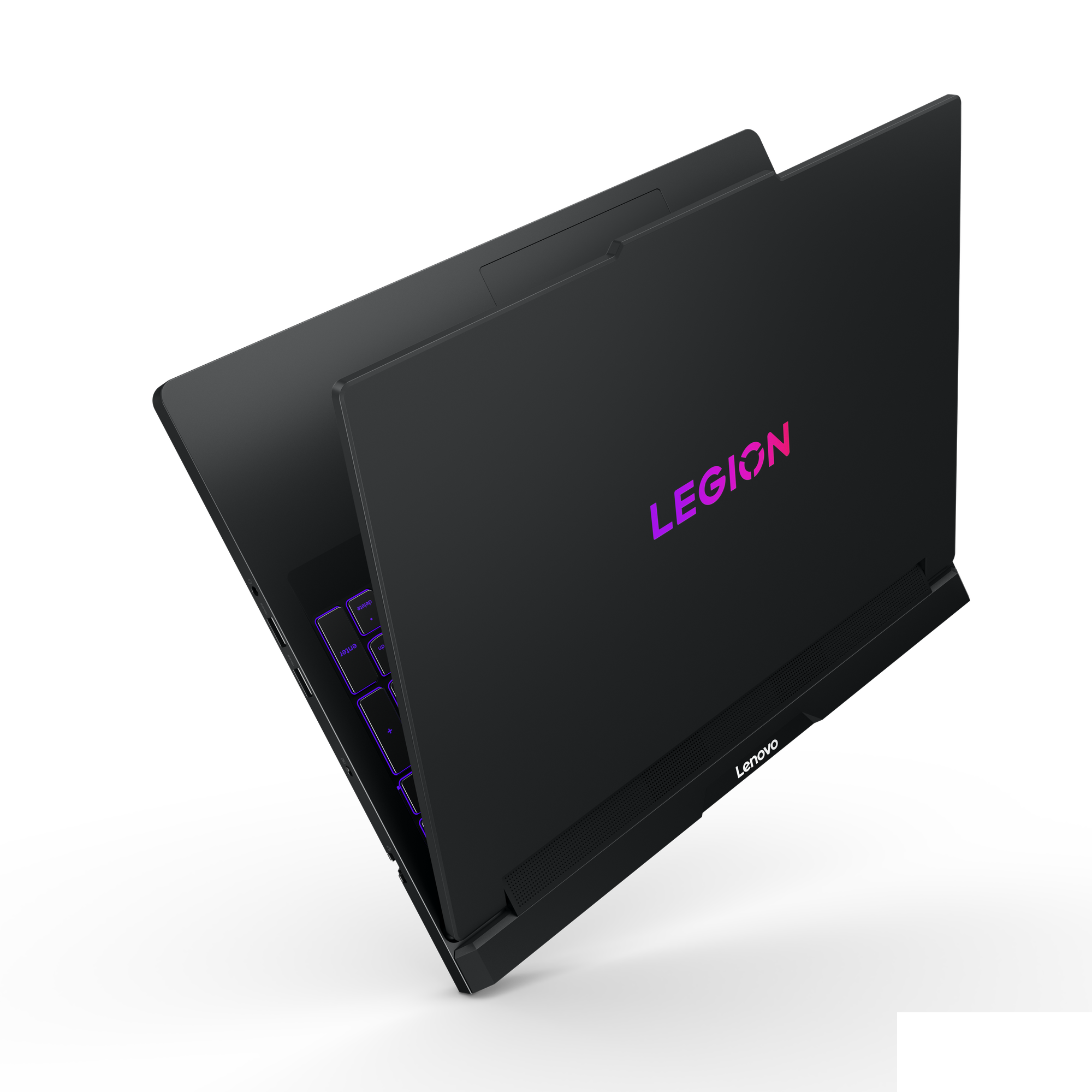 Schwarzer Lenovo Legion Laptop, geöffnet. Die Tastatur hat eine lila Hintergrundbeleuchtung. Das Legion-Logo leuchtet rosa und lila.