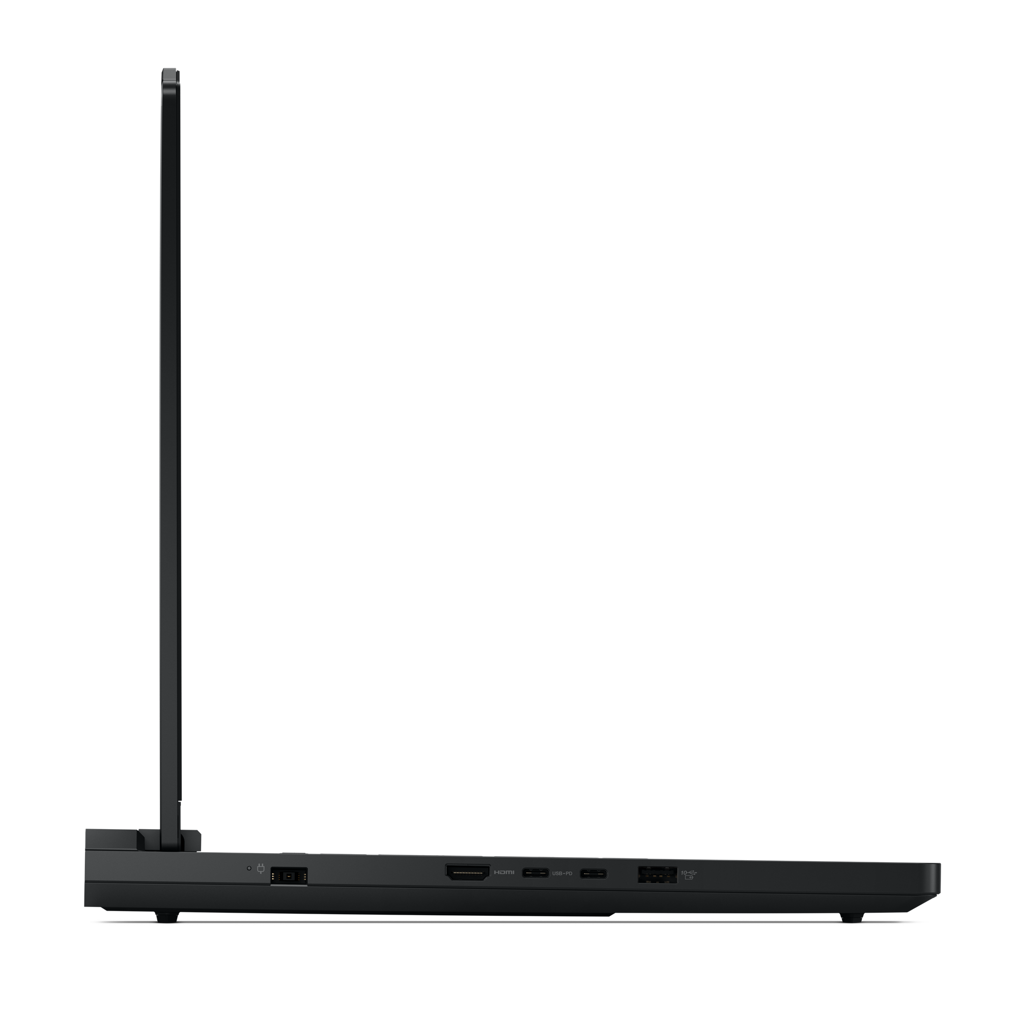 Seitenansicht eines schwarzen Laptops. Der Bildschirm ist geschlossen. Anschlüsse sind am unteren Rand sichtbar, darunter HDMI und USB-PD.