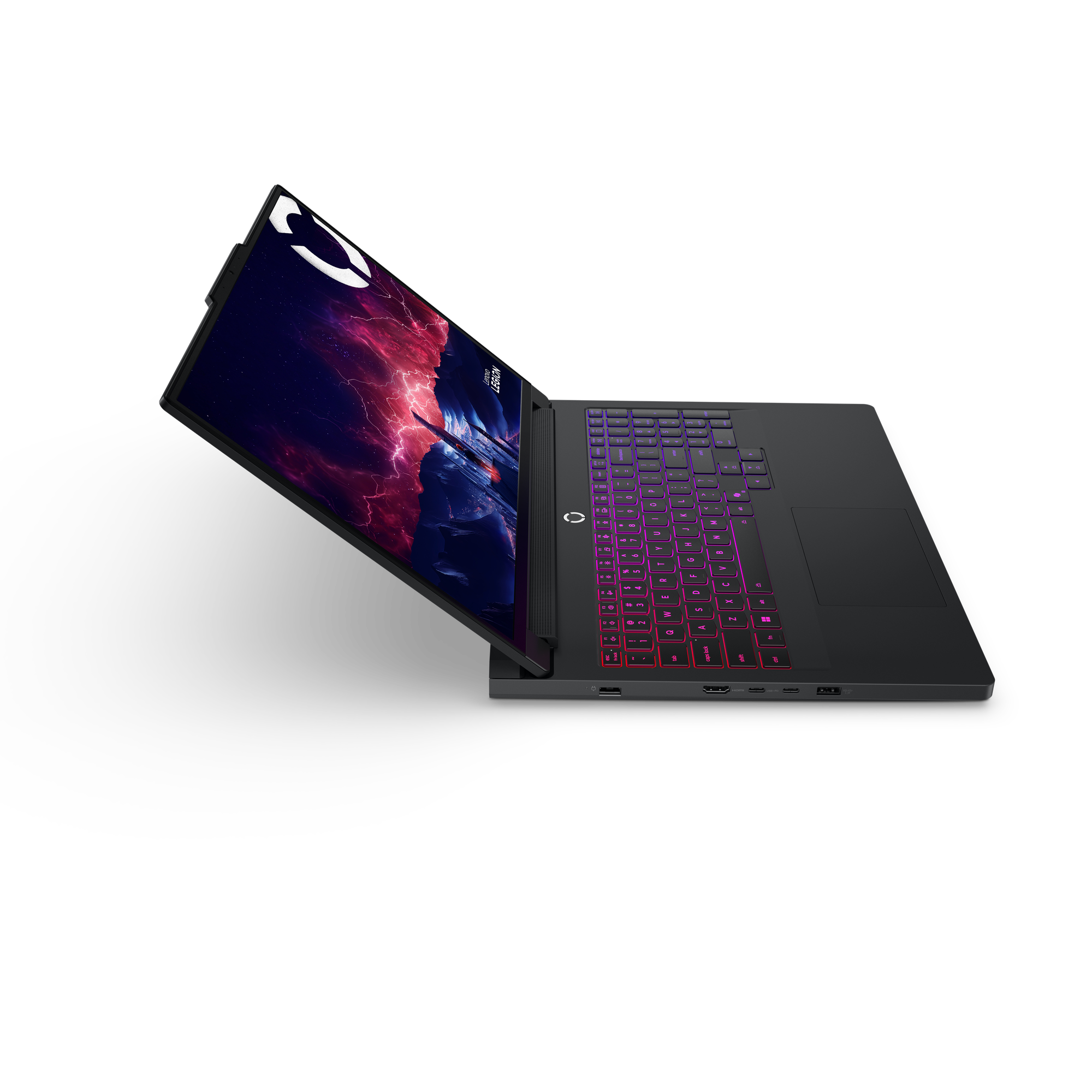 Schwarzer Laptop mit leuchtender Tastatur. Der Bildschirm zeigt ein rotes und blaues Design. Die Tastatur leuchtet lila und rot.