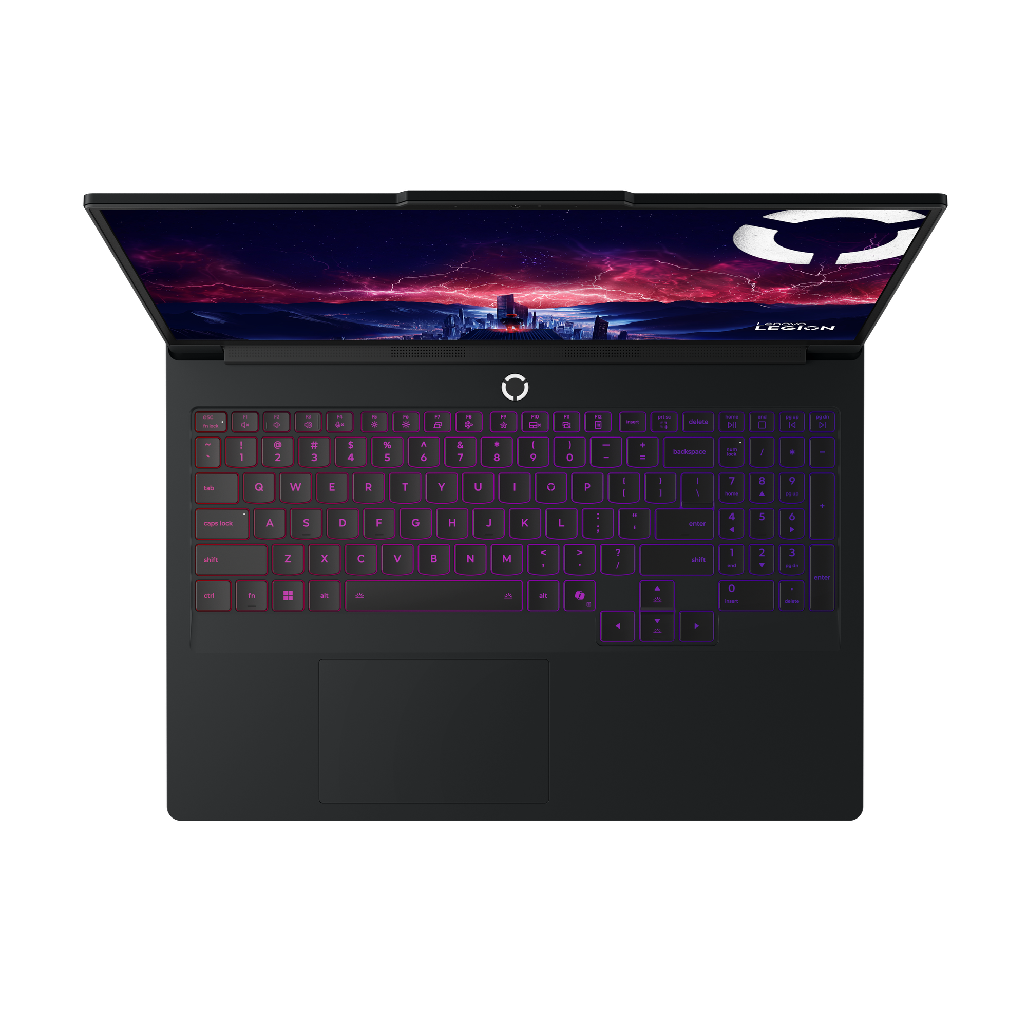 Geöffneter Laptop mit beleuchteter Tastatur. Der Bildschirm zeigt Stadtlichter. Lenovo Legion Logo sichtbar.