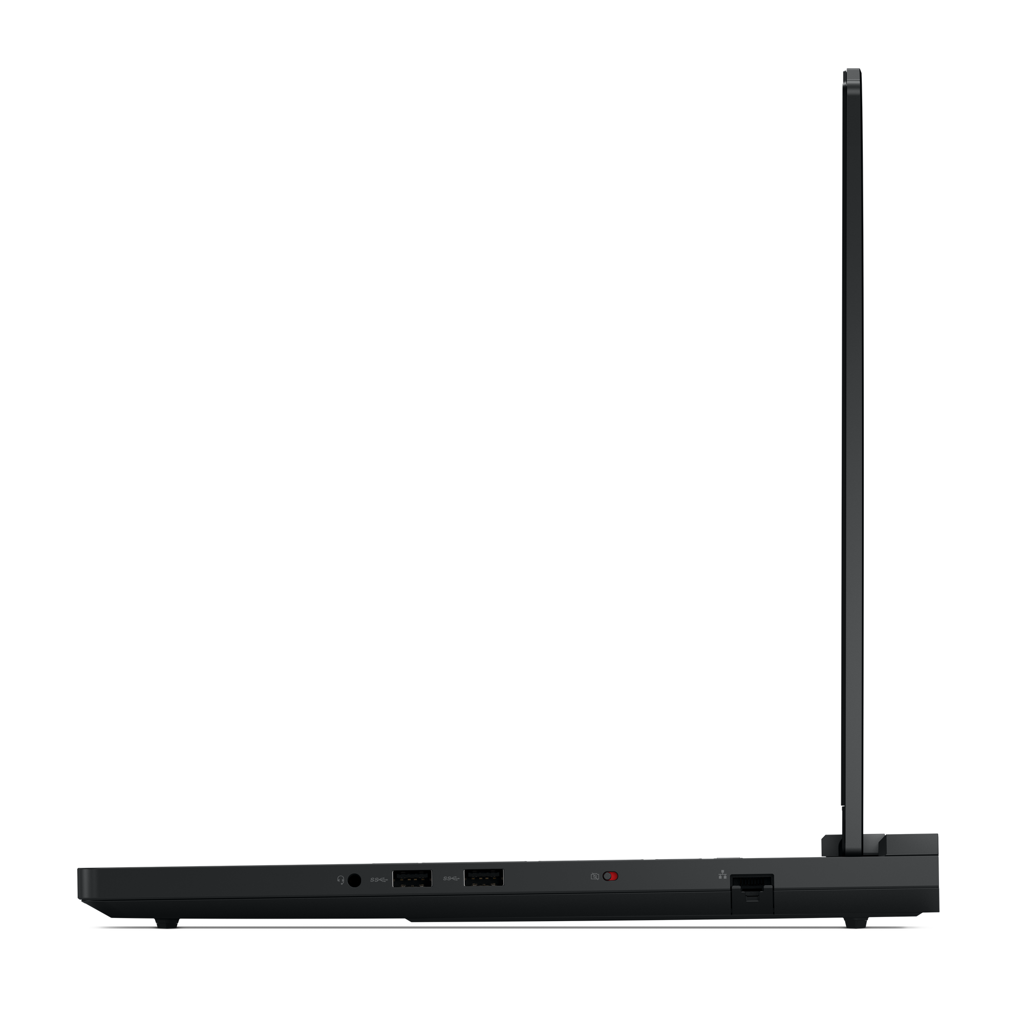 Seitenansicht eines schwarzen Laptops. Der Bildschirm ist geschlossen. Anschlüsse sind an der Seite sichtbar.