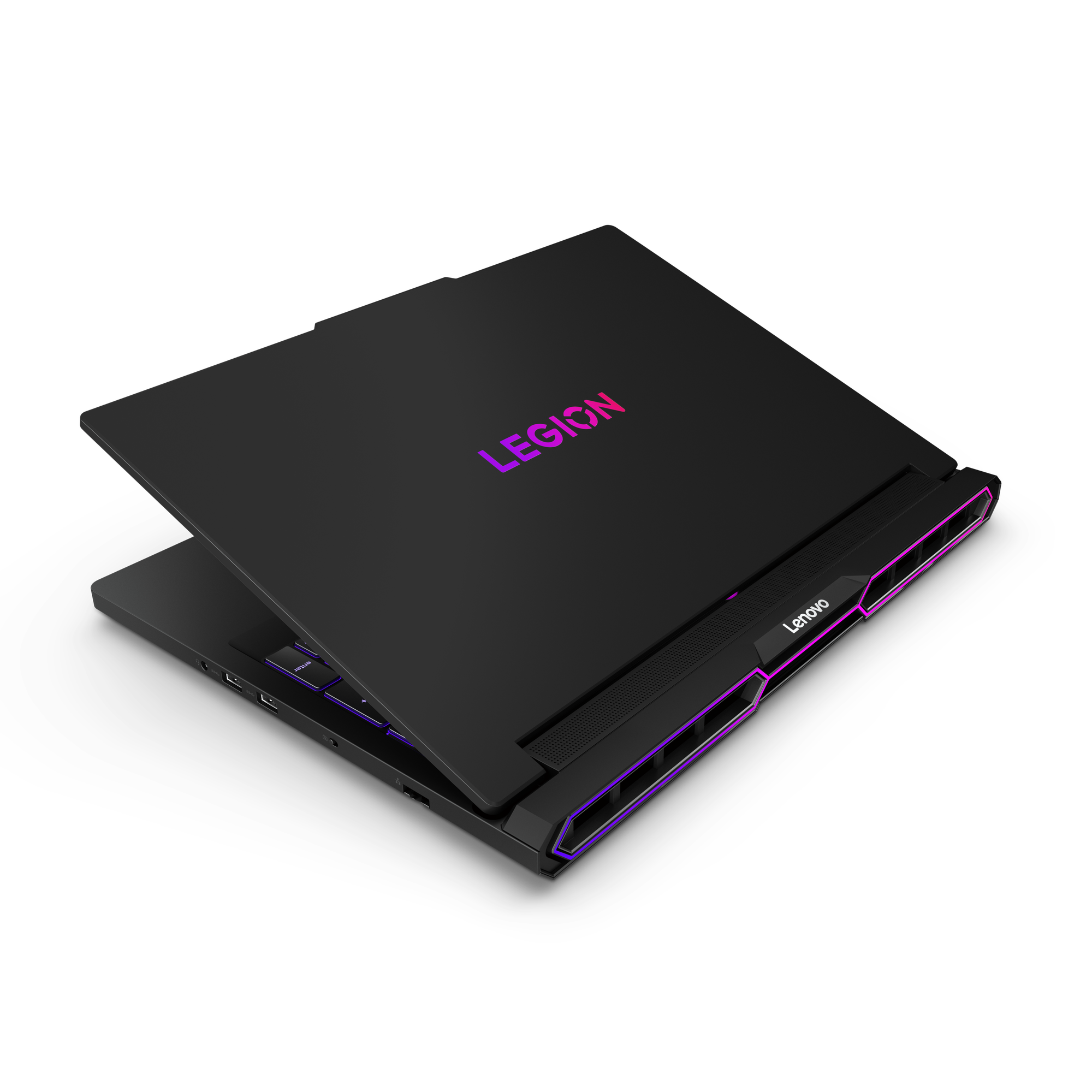 Schwarzer Lenovo Legion Laptop mit lila und rosa Akzenten. Der Deckel ist leicht geöffnet, Tastatur und Legion-Logo sind sichtbar.