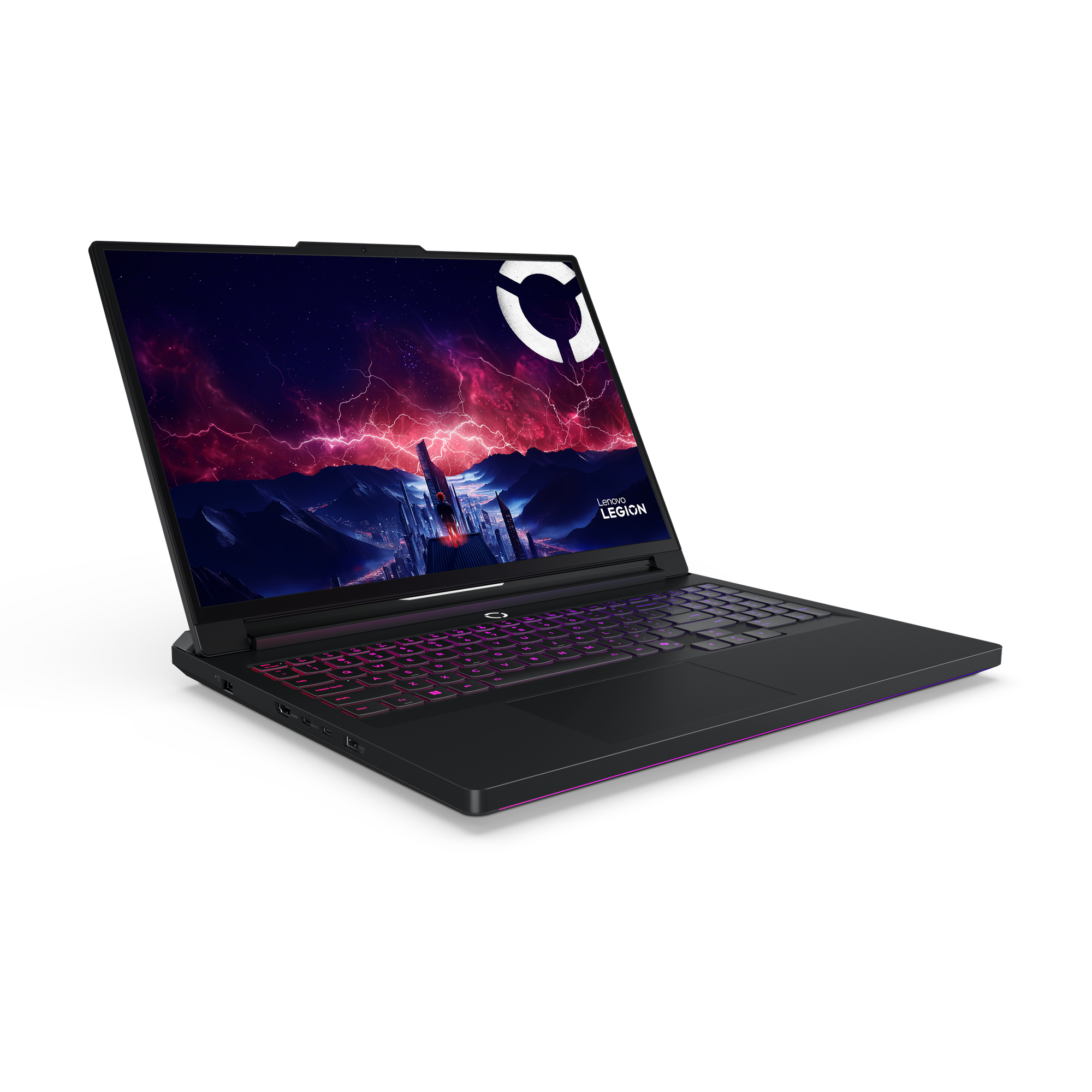 Schwarzer Lenovo Legion Laptop auf schwarzem Hintergrund. Der Bildschirm zeigt einen roten und violetten Himmel mit einer Stadt.
